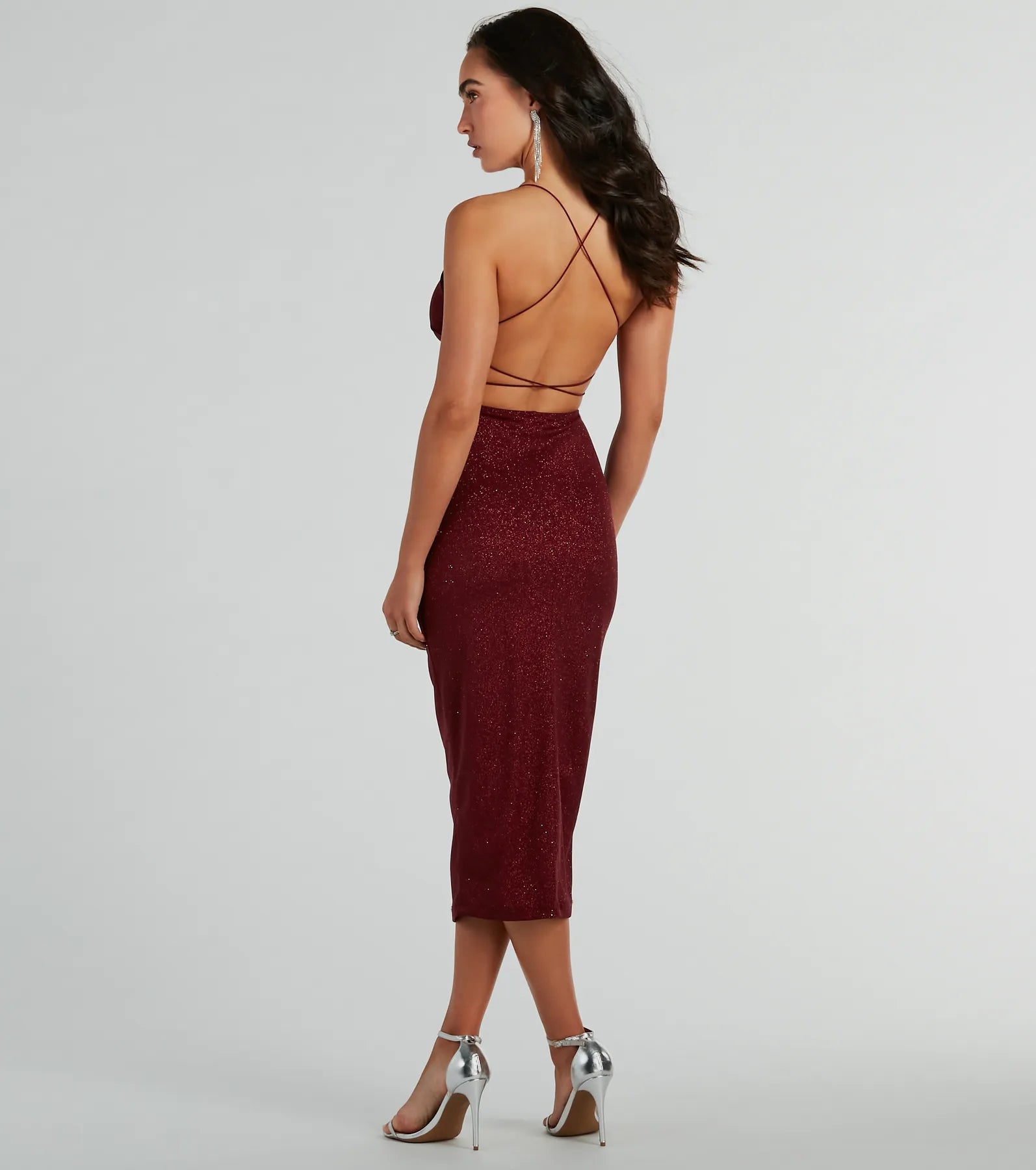 Lynn Strappy Back Glitter Midi Formal Dress