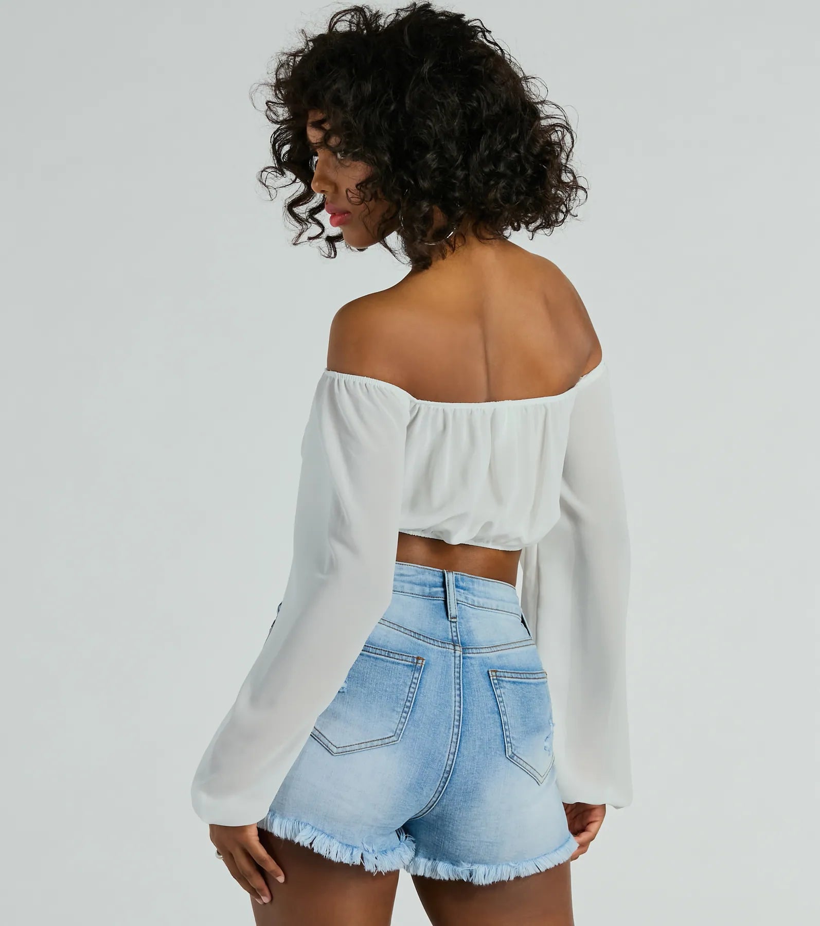 Sheer Fun Off-The-Shoulder Crop Chiffon Blouse