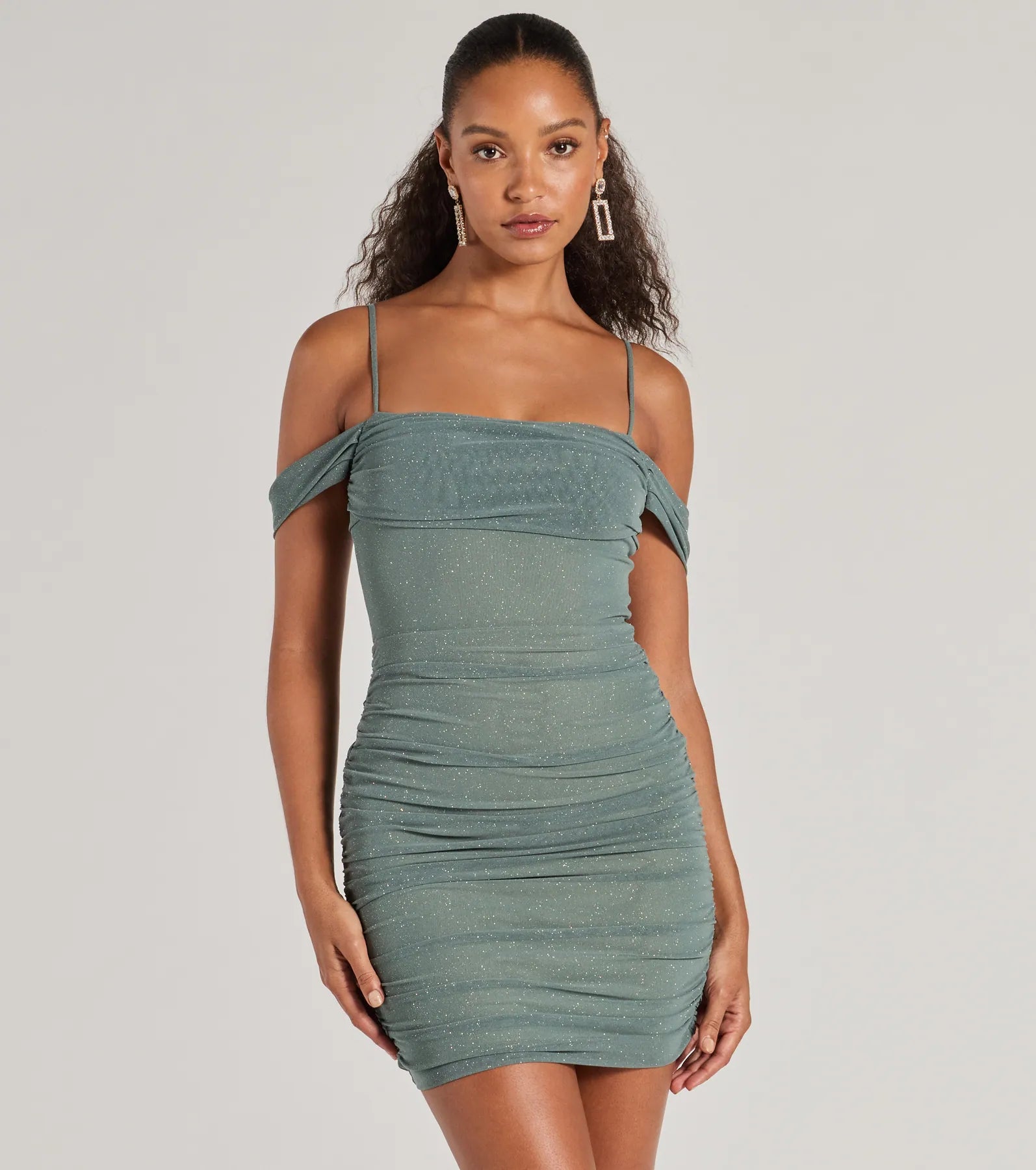 Glam Affair Cold-Shoulder Glitter Mesh Mini Dress