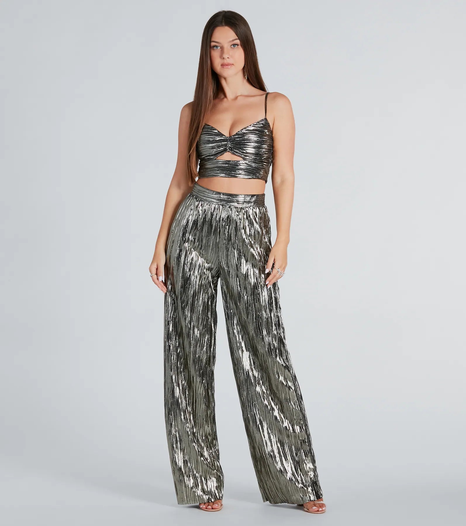 Dare To Impress Metallic Plisse Wide-Leg Pants