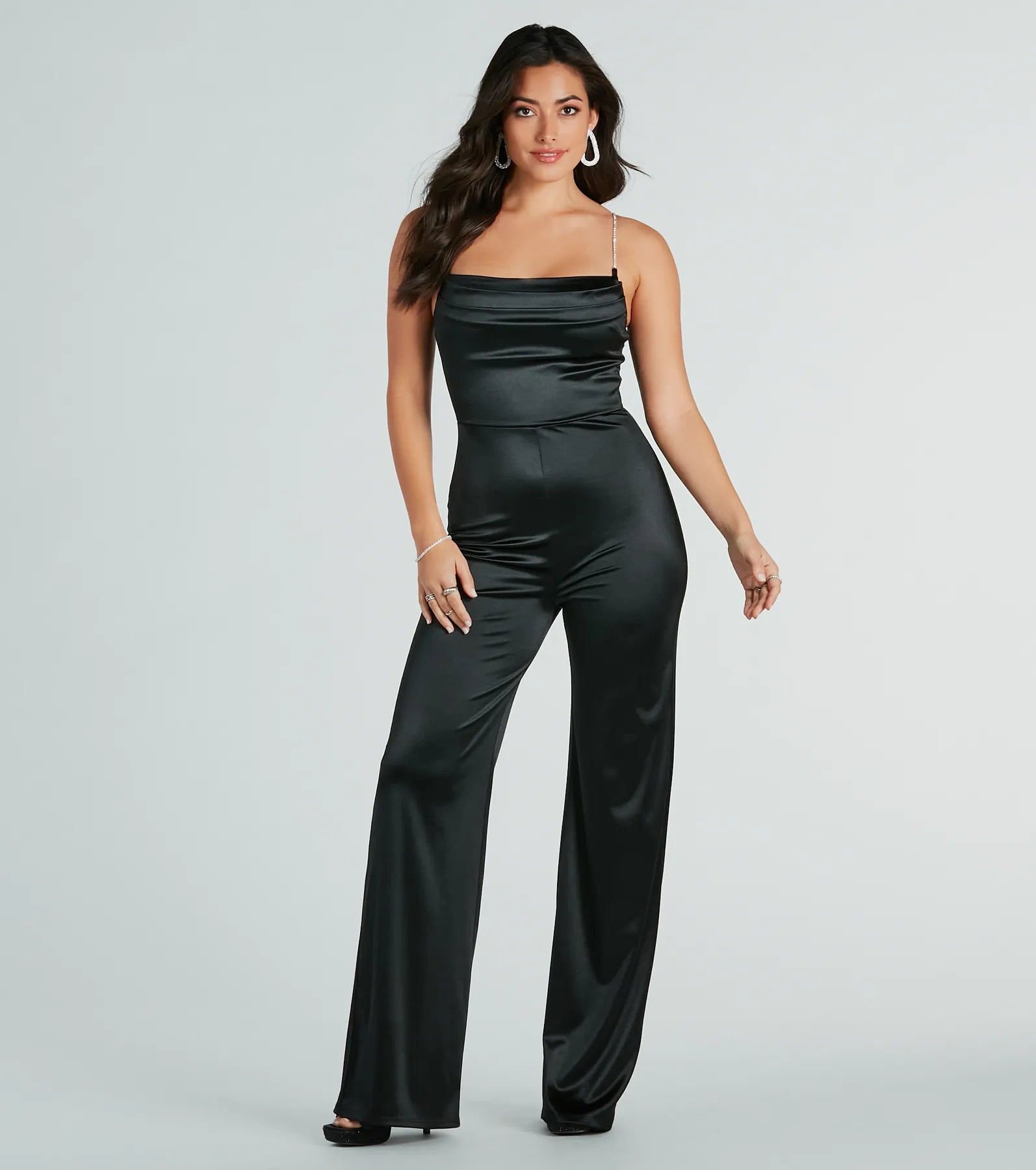 Make It Count Satin Rhinestone Strap Jumpsuit