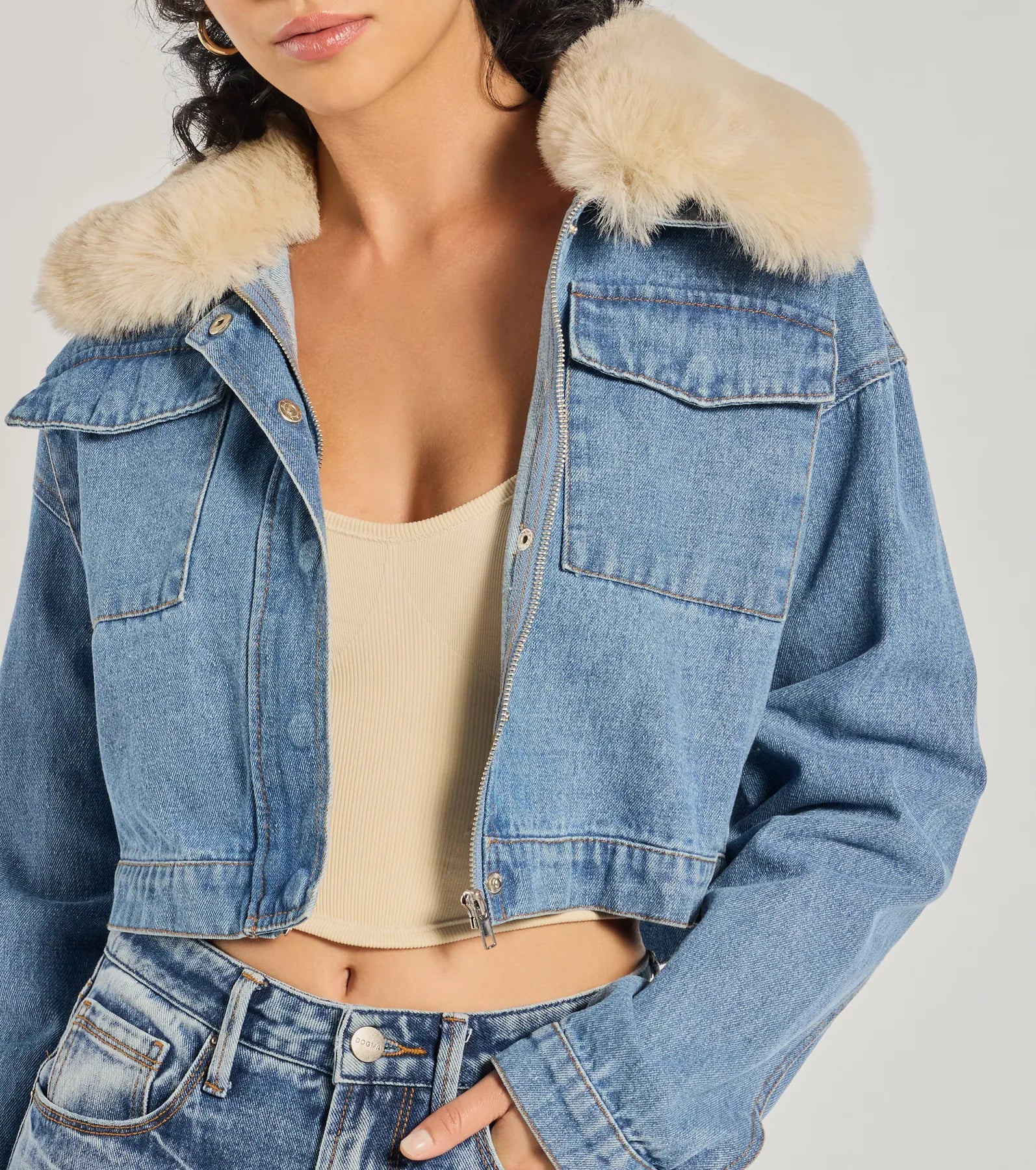 Casual Trendsetter Faux Fur Denim Trucker Jacket