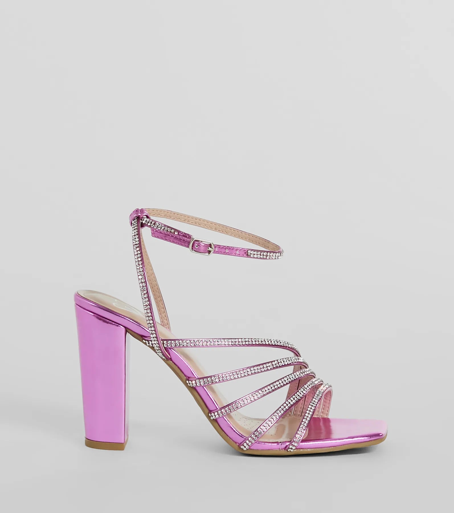 Ready To Party Rhinestone Strappy Metallic Block Heels