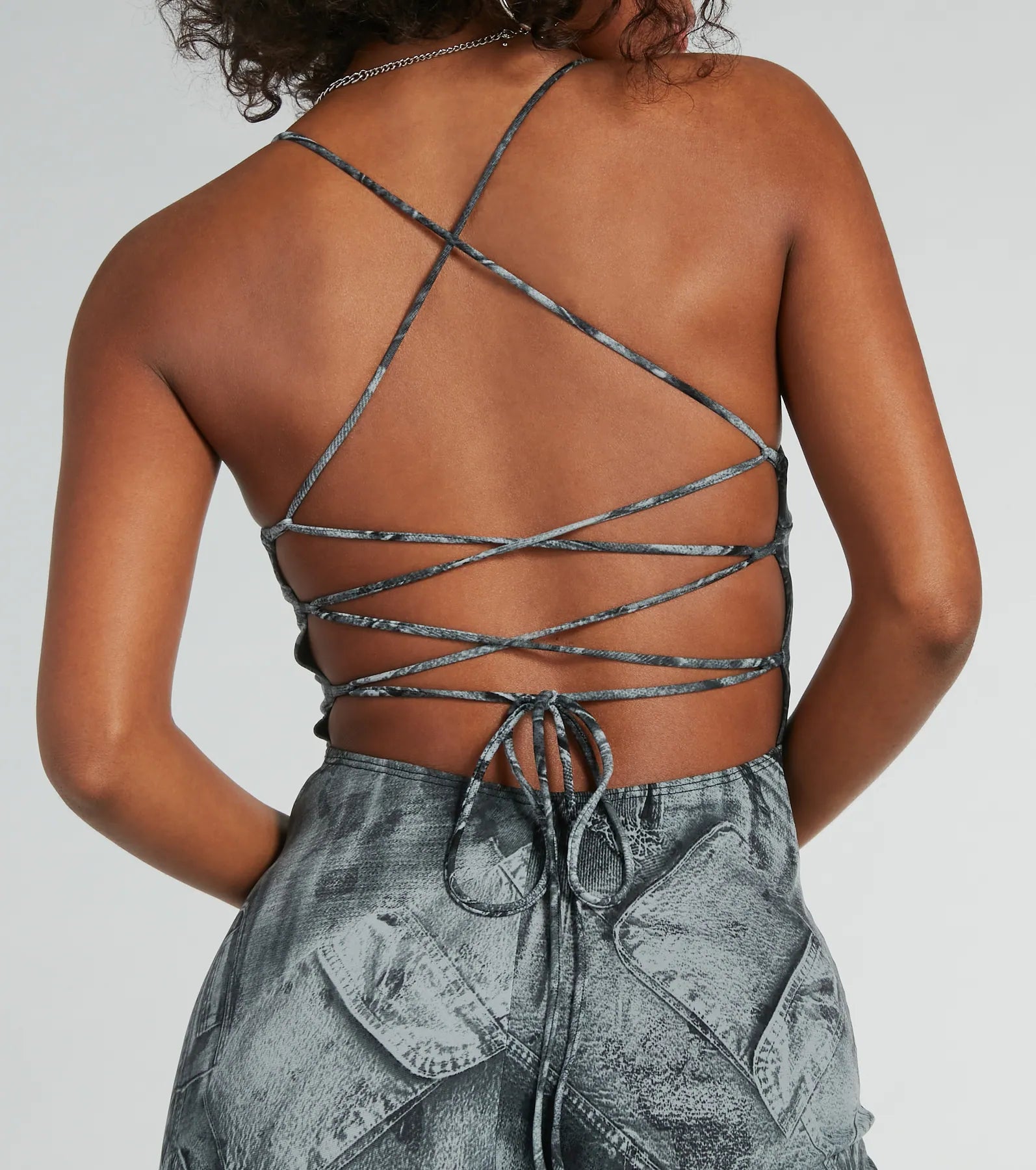 Got Em' Tripping Lace-Up Denim Print Jumpsuit