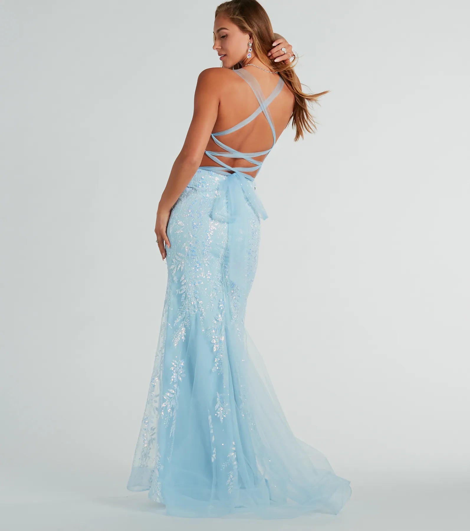 Kennedy Tulle Lace-Up Sequin Glitter Mermaid Gown