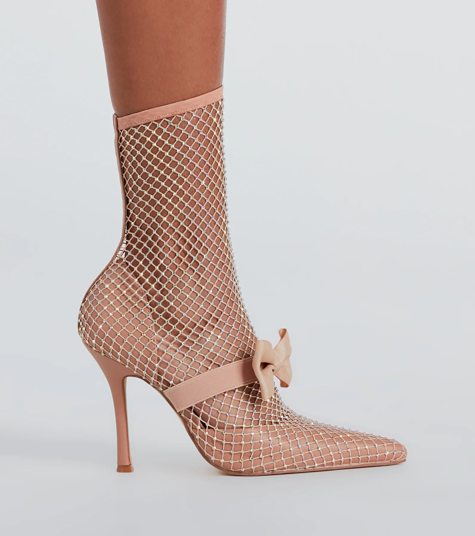 Model Strut Rhinestone Fishnet Stiletto Booties