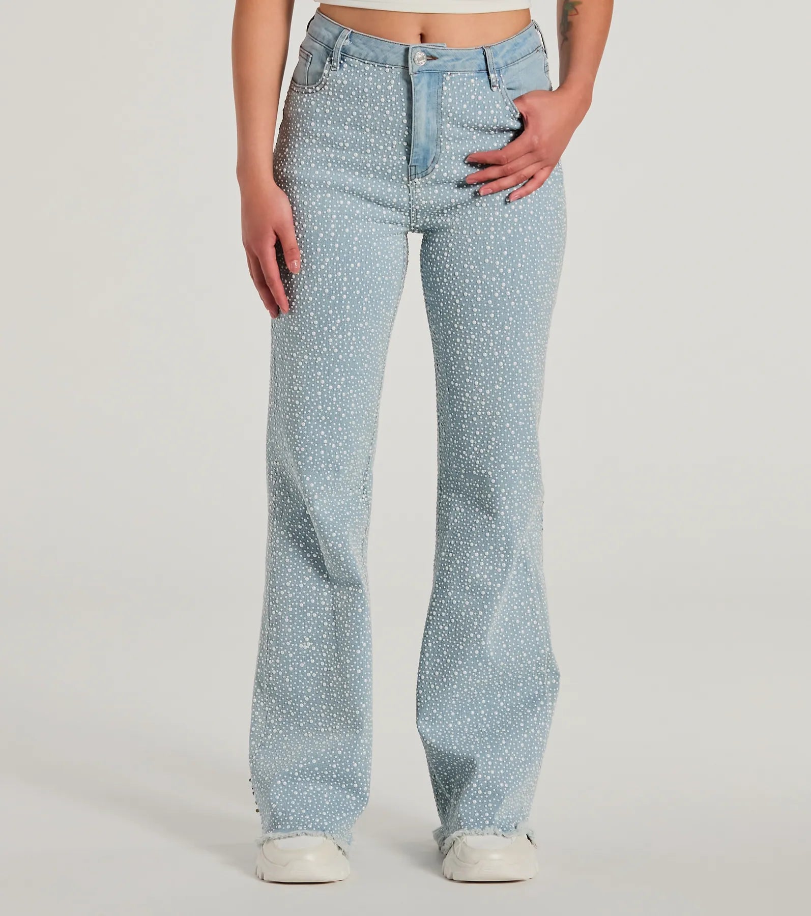 Beaming Perfection Faux Pearl Bootcut Denim Jeans