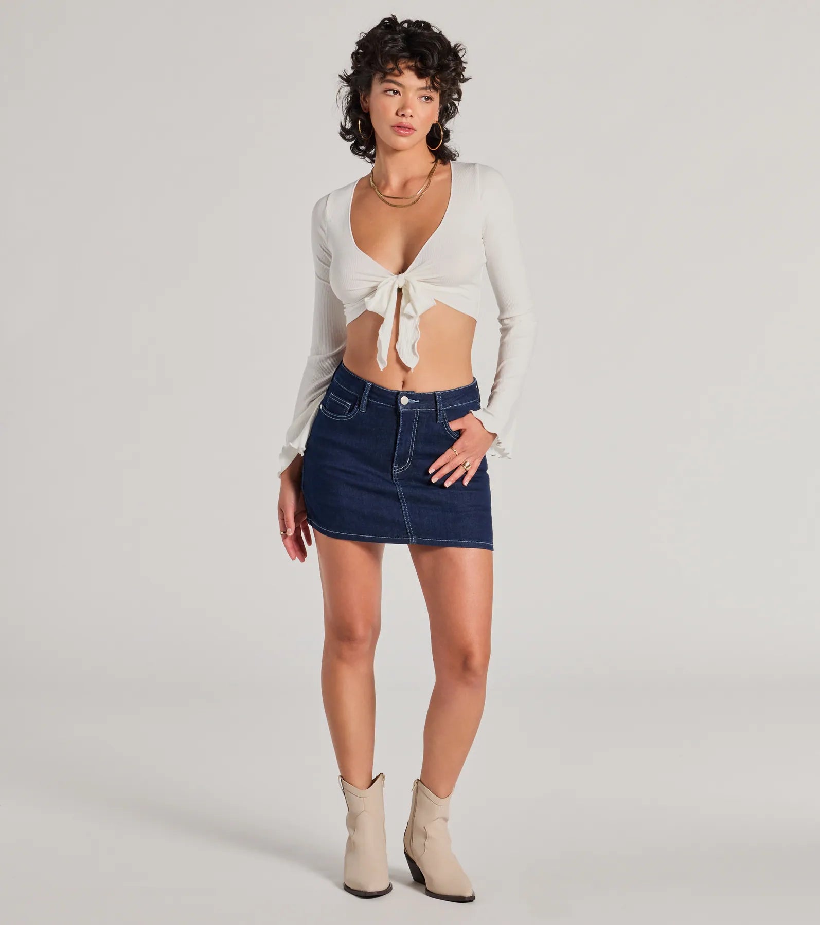 Infinite Possibilities Long Sleeve Tie-Front Crop Top