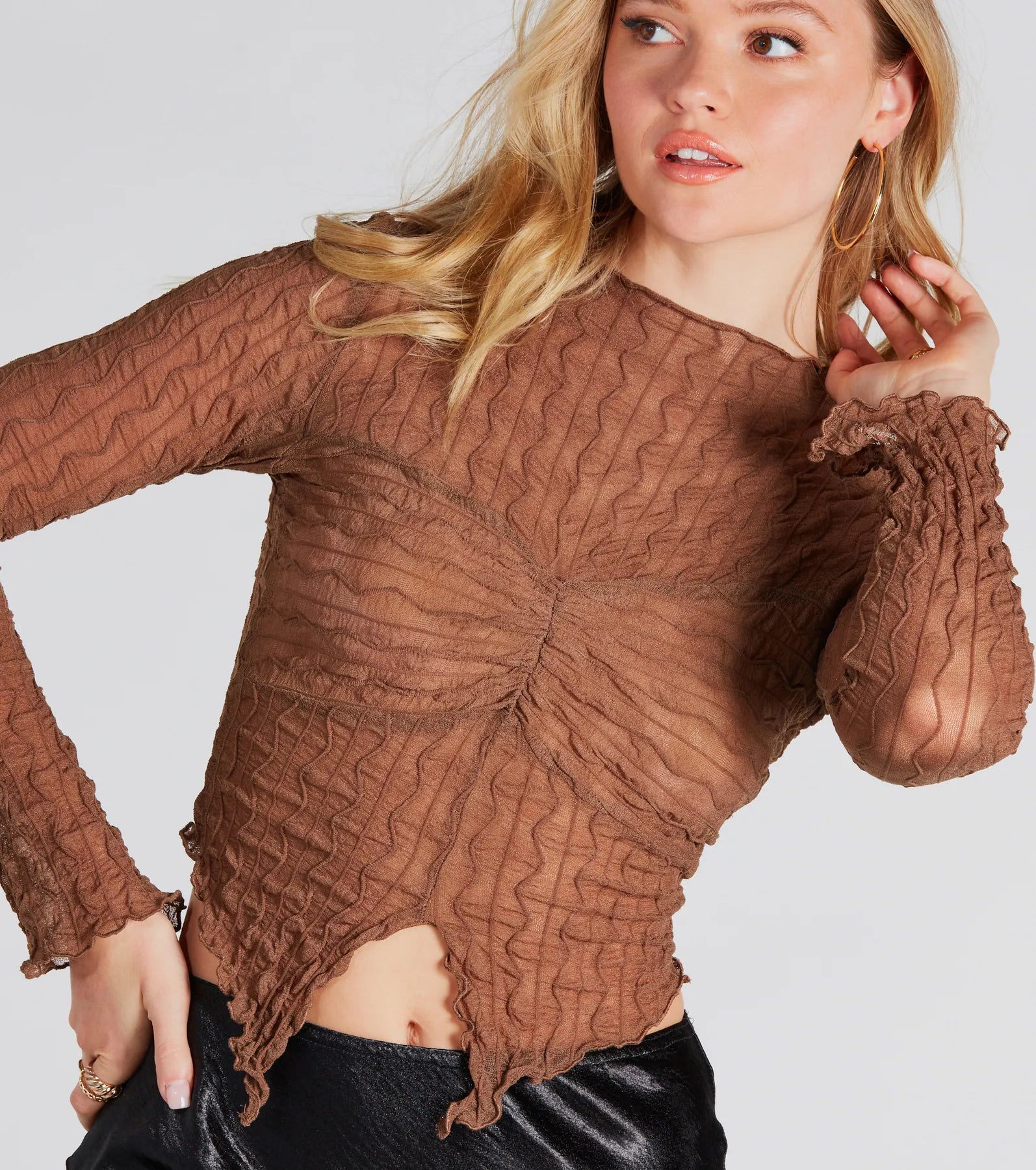 Near And Sheer Texture Mock Neck Crop Top