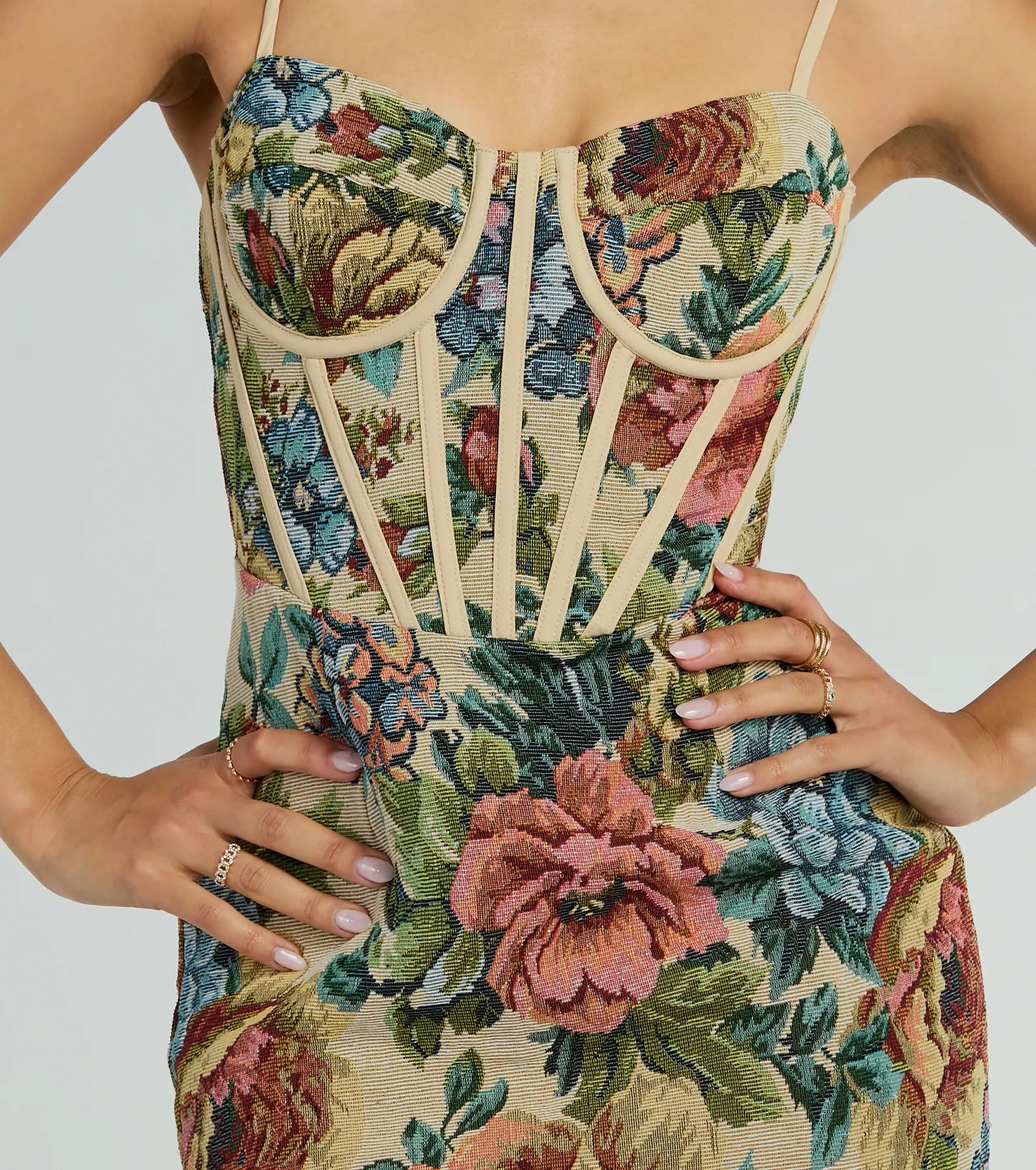 Chic Charm Floral Tapestry Corset Mini Dress