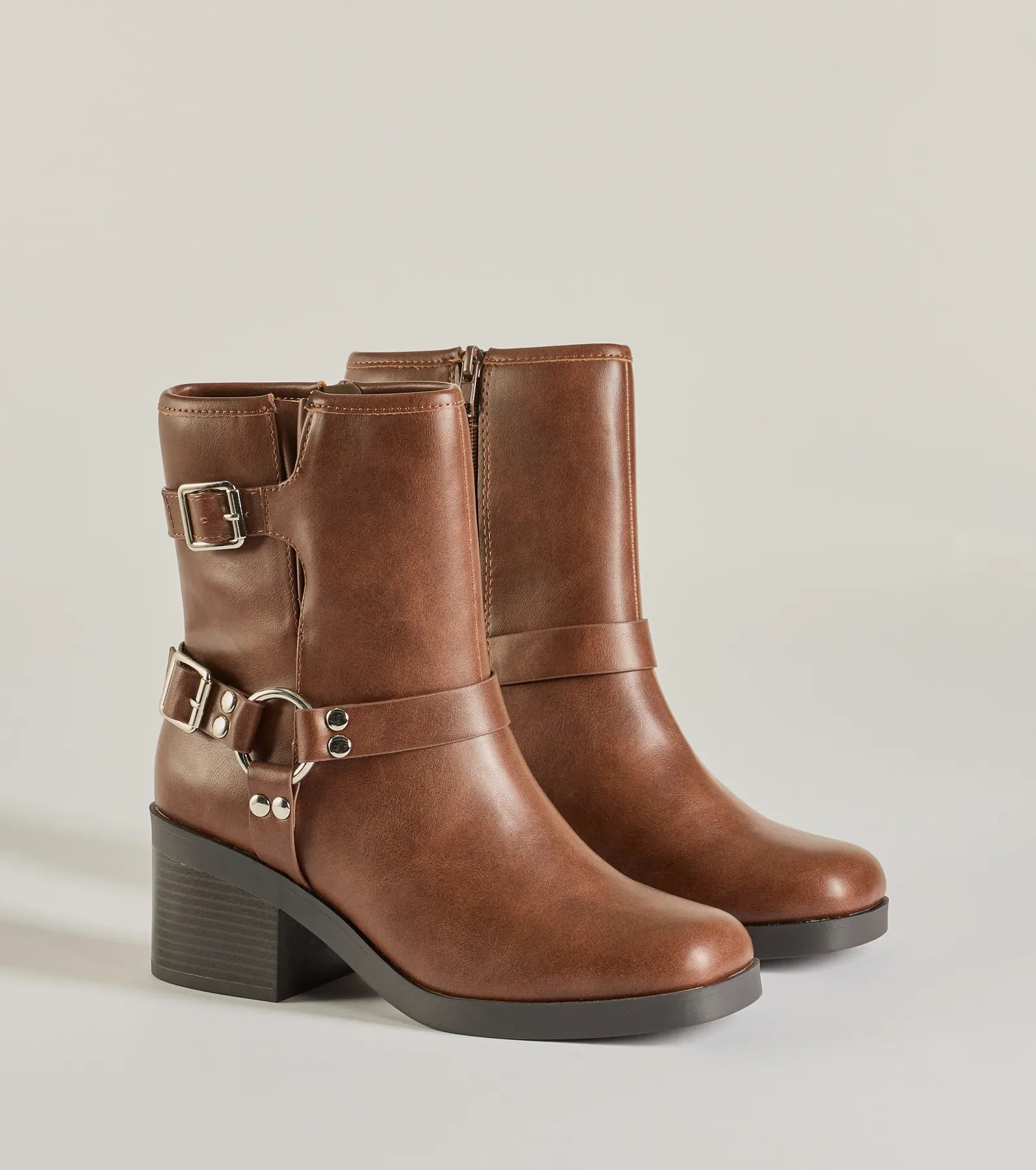 Moto Chic Buckled Faux Leather Ankle Booties