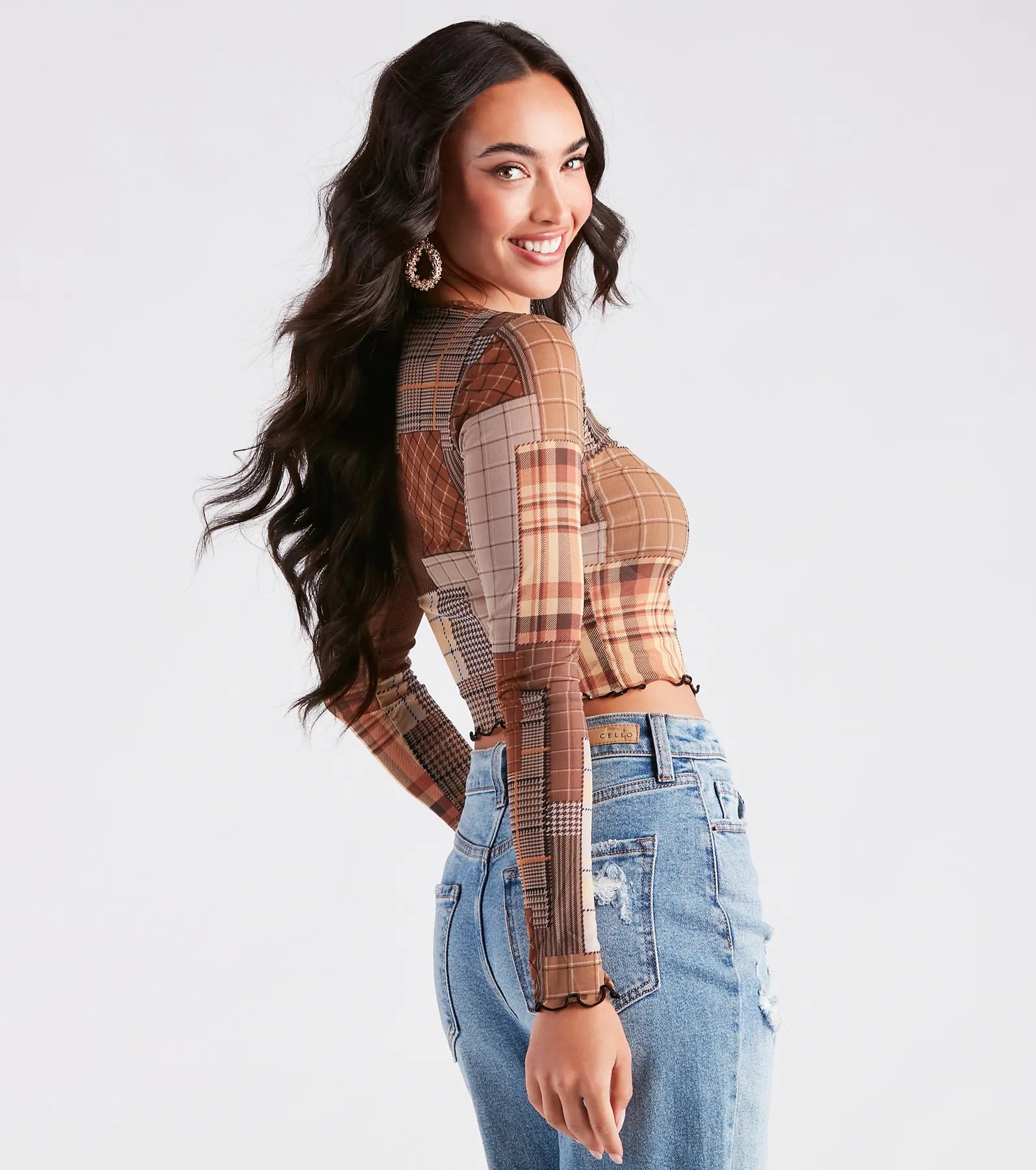 Cutie In Plaid Long Sleeve Mesh Crop Top