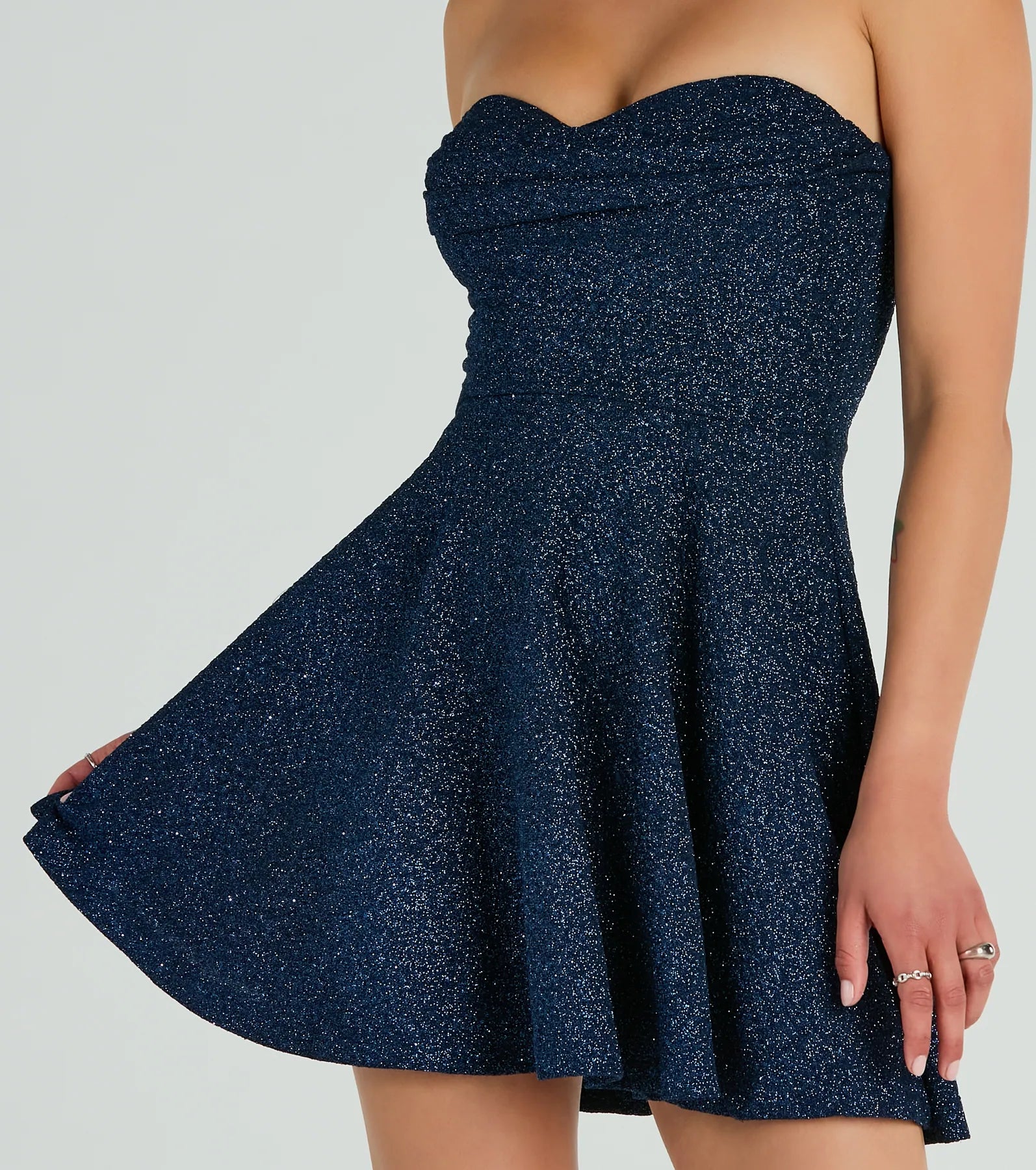 Got Ya Shimmering Strapless Glitter Skater Dress