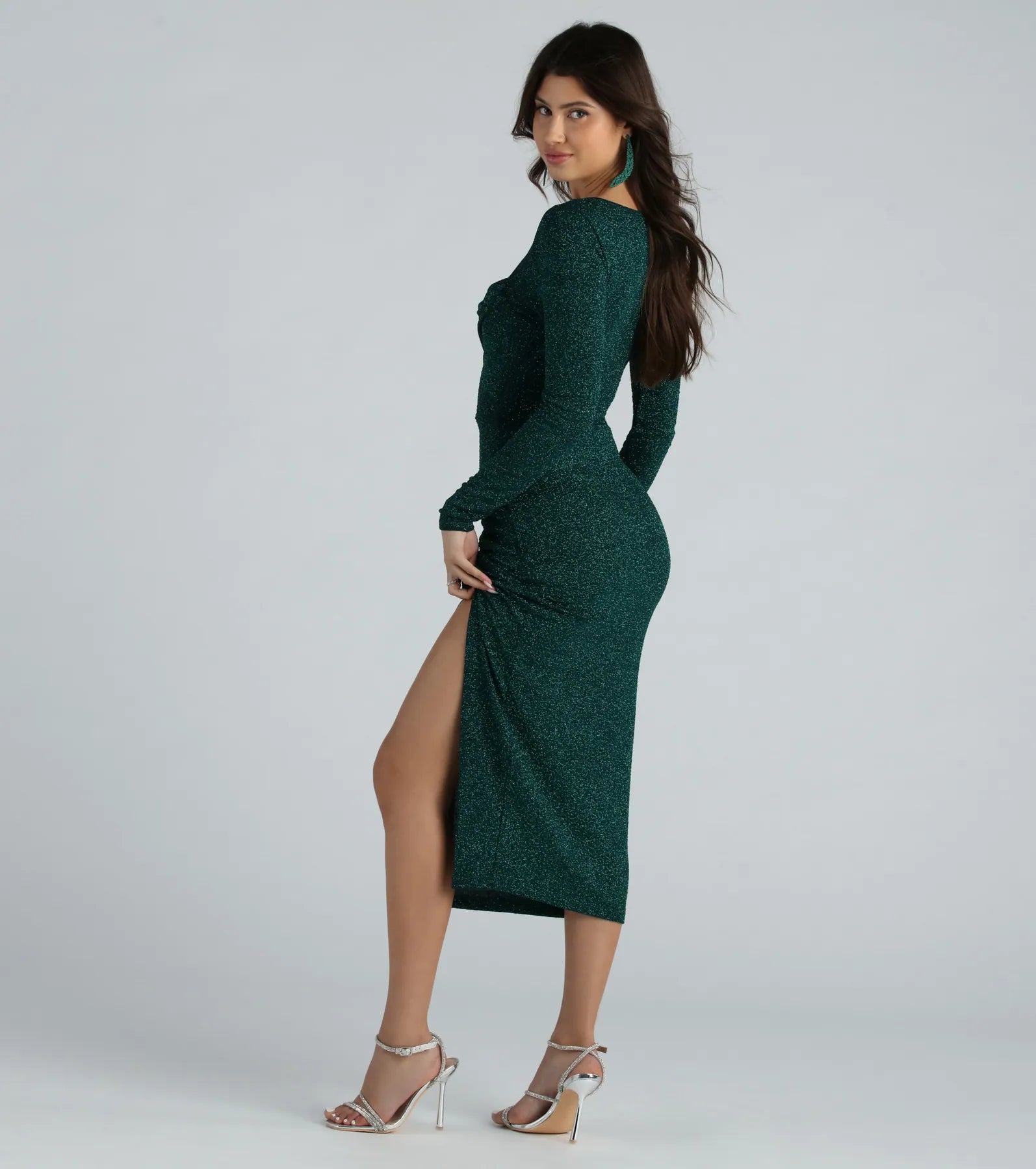 April Formal Glitter Long Sleeve Midi Dress