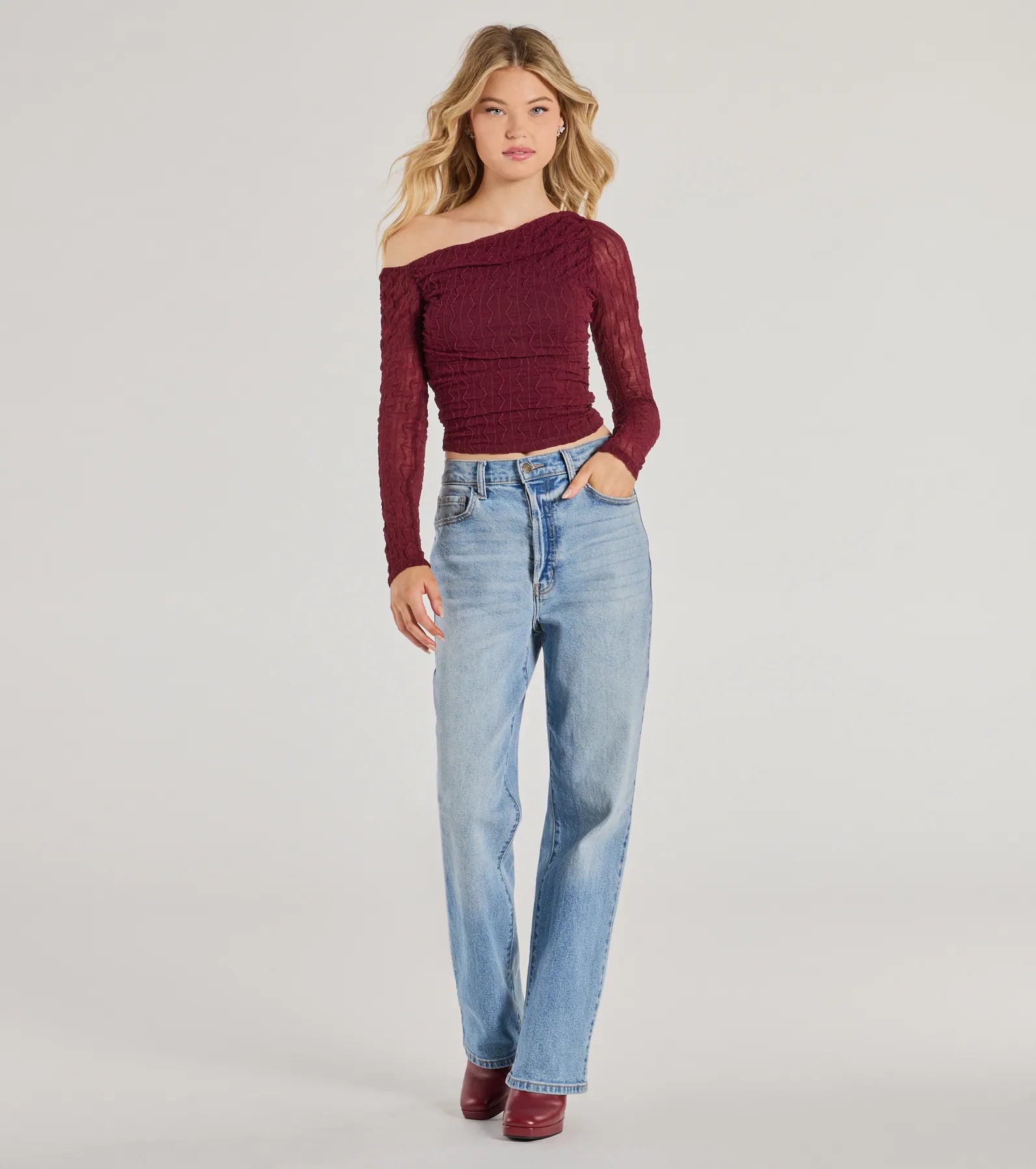 Elevated Trend Mesh Off-Shoulder Long Sleeve Top