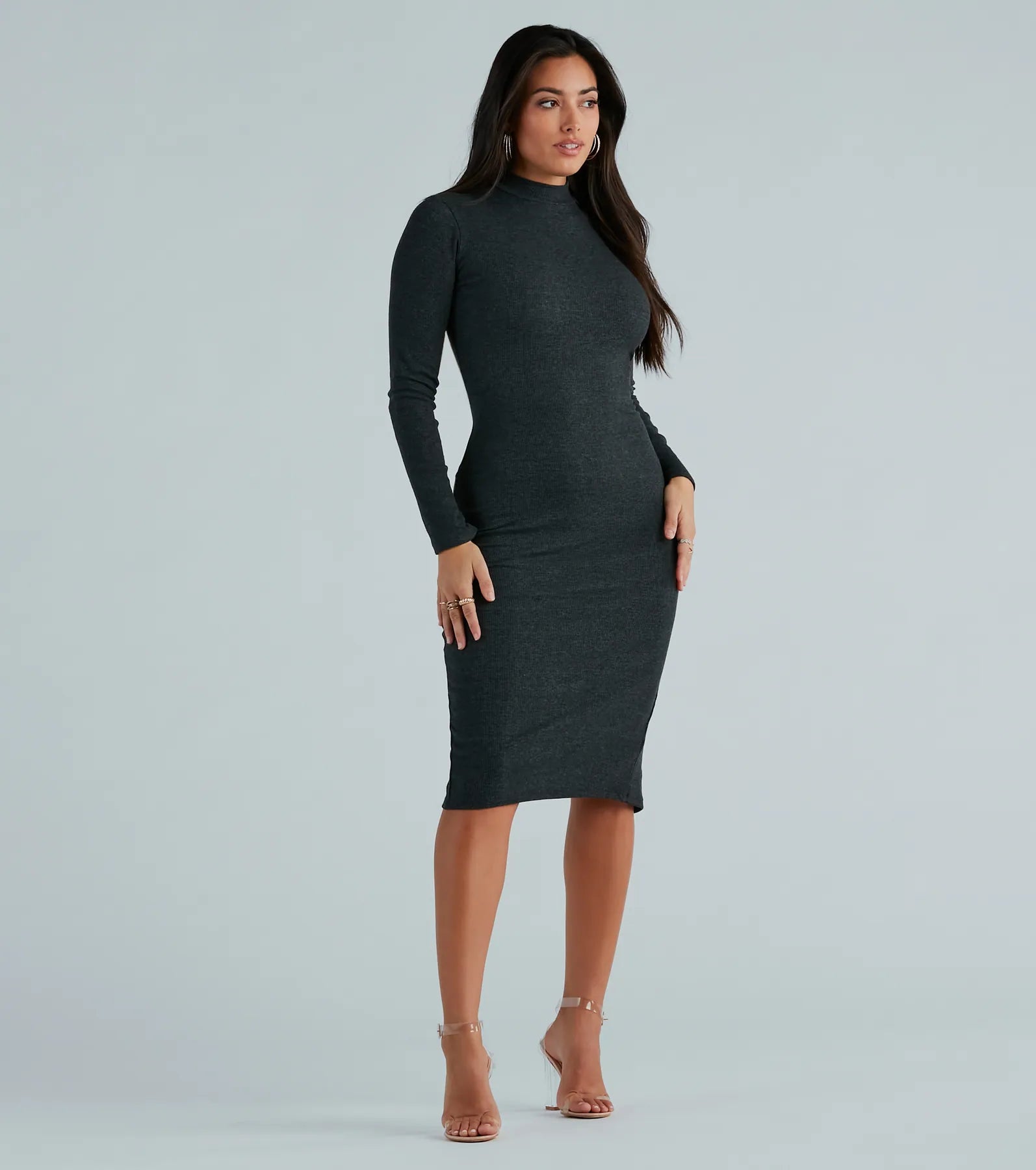 Good Looks Mock Neck Long Sleeve Knit Midi Dress