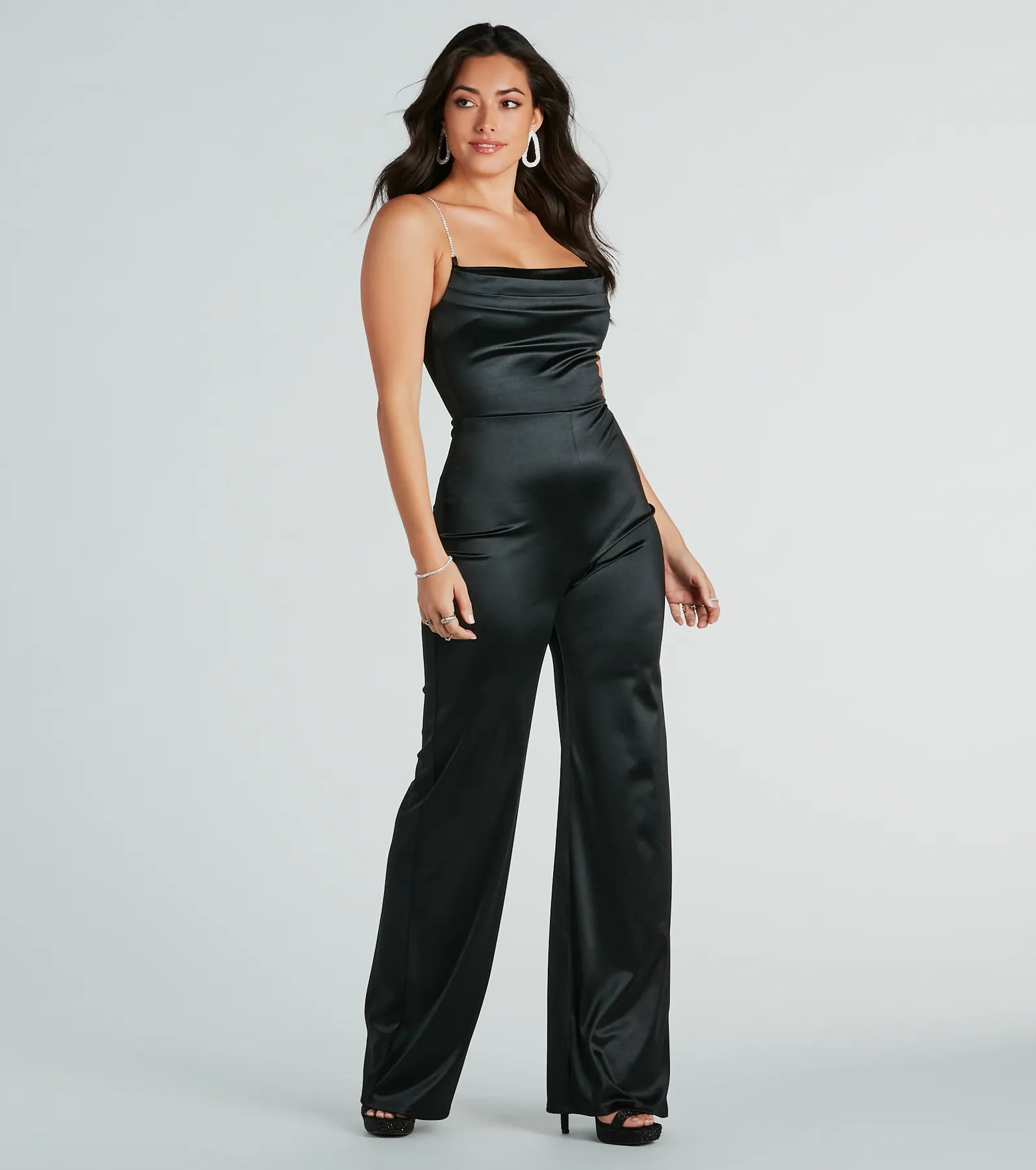 Make It Count Satin Rhinestone Strap Jumpsuit