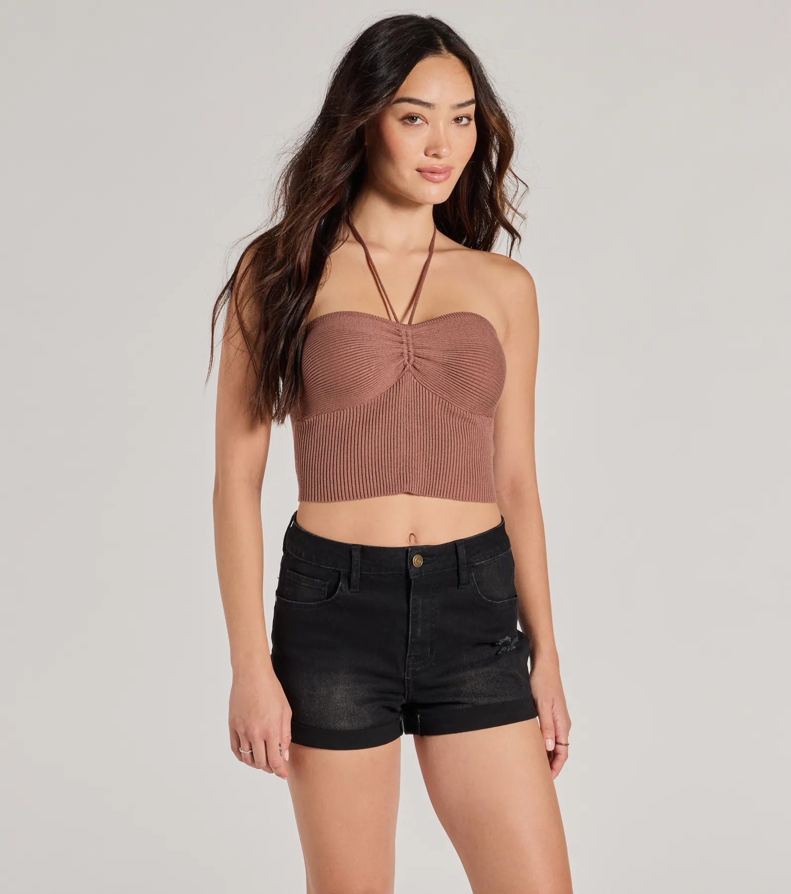 Stylish Basic Halter Rib Knit Crop Top