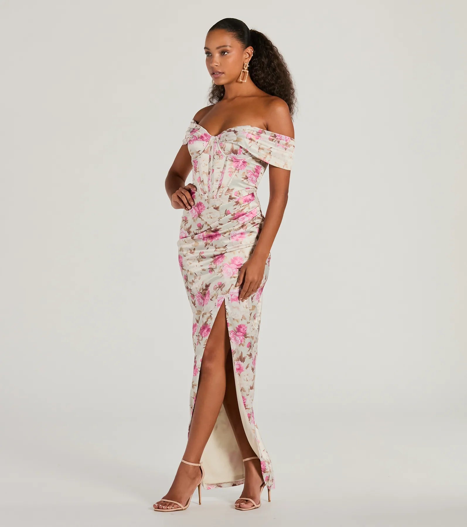 Mildred Off-The-Shoulder Floral Satin Formal Dress