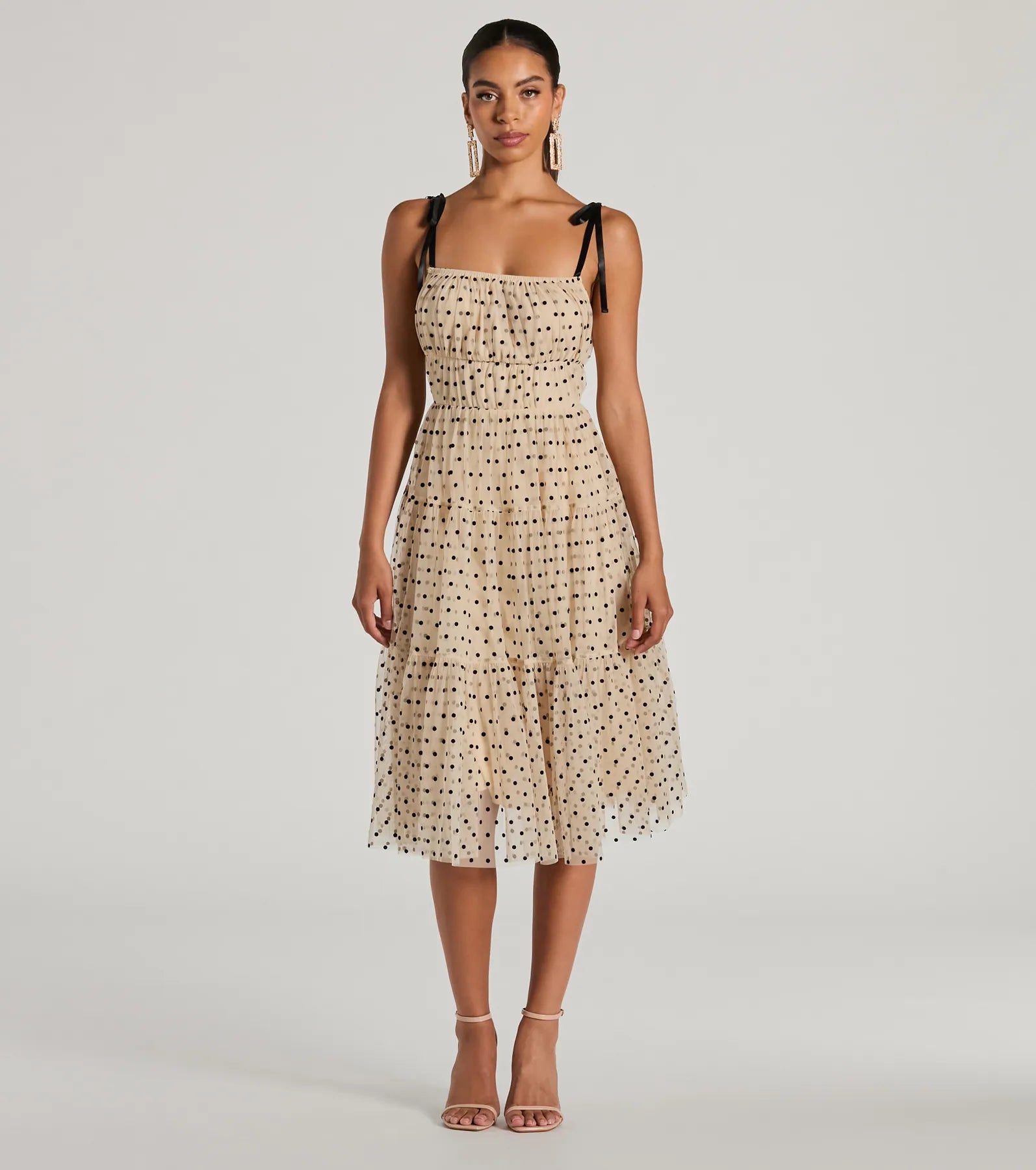 Timeless Look Bow Strap Polka Dot Tulle Midi Dress