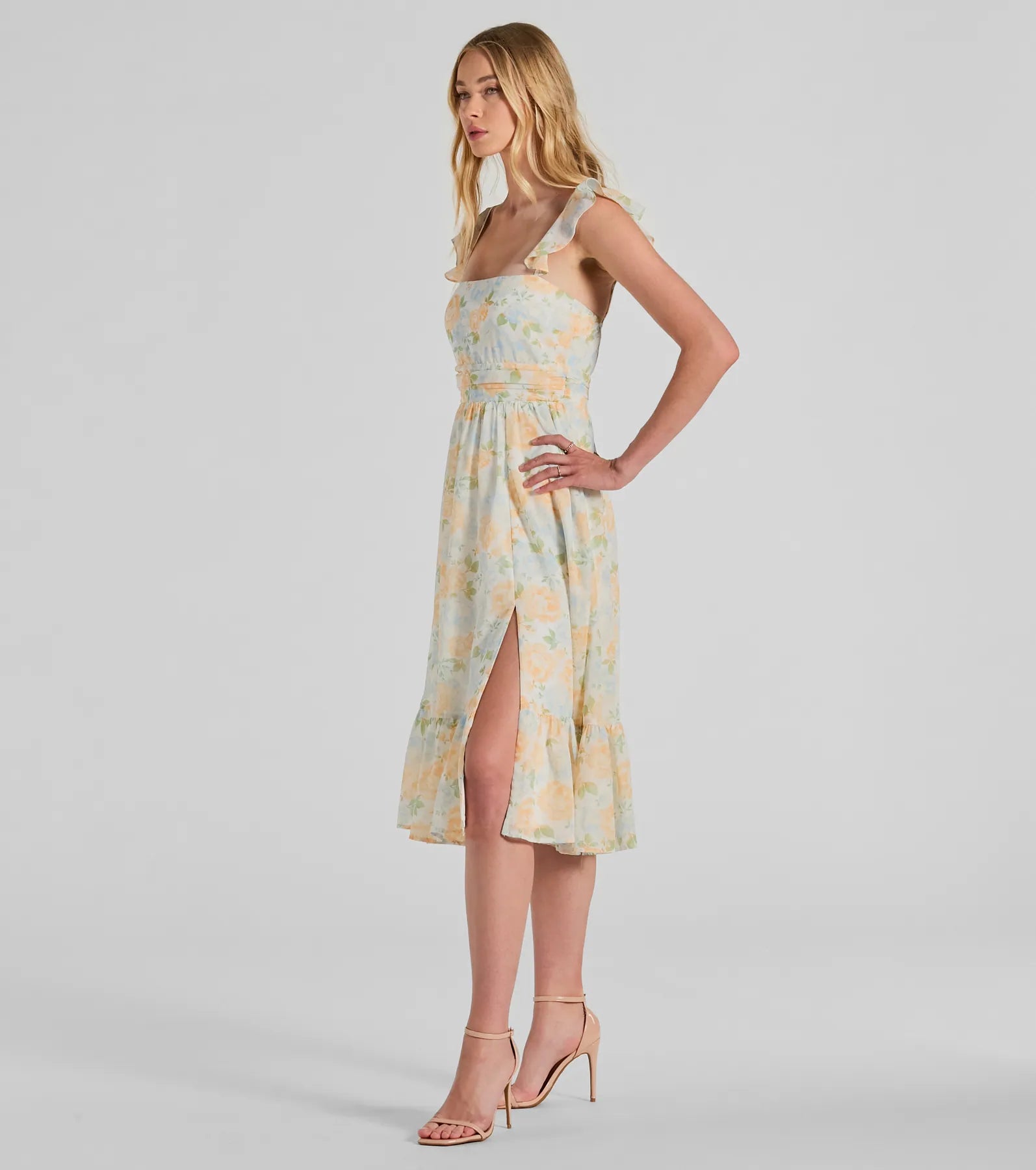 Delightfully Chic Ruffled Floral Chiffon Midi Dress