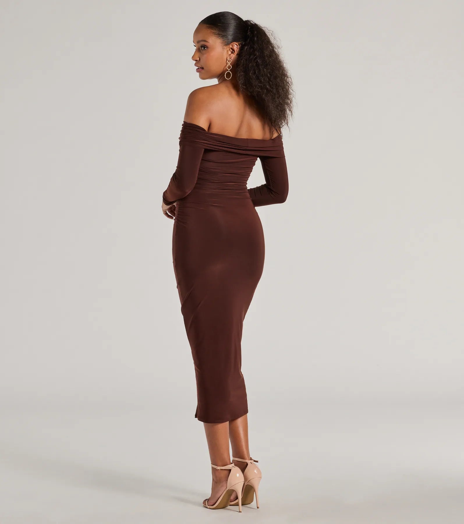 Casual Affair Long Sleeve Ruched Midi Dress