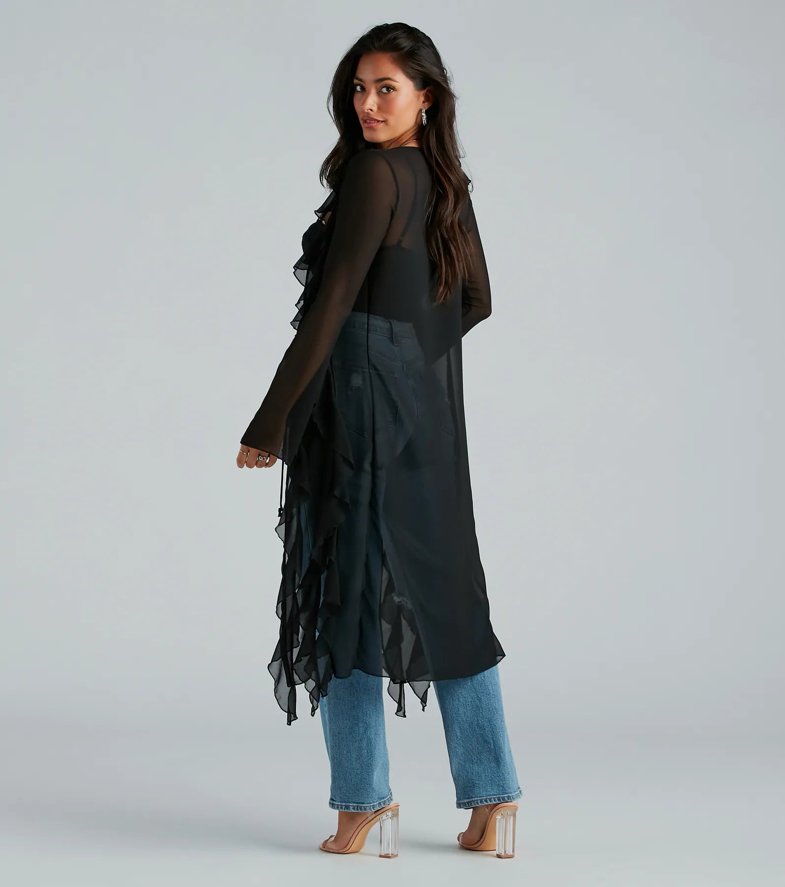 Mix And Mesh Chiffon Ruffle Long Duster