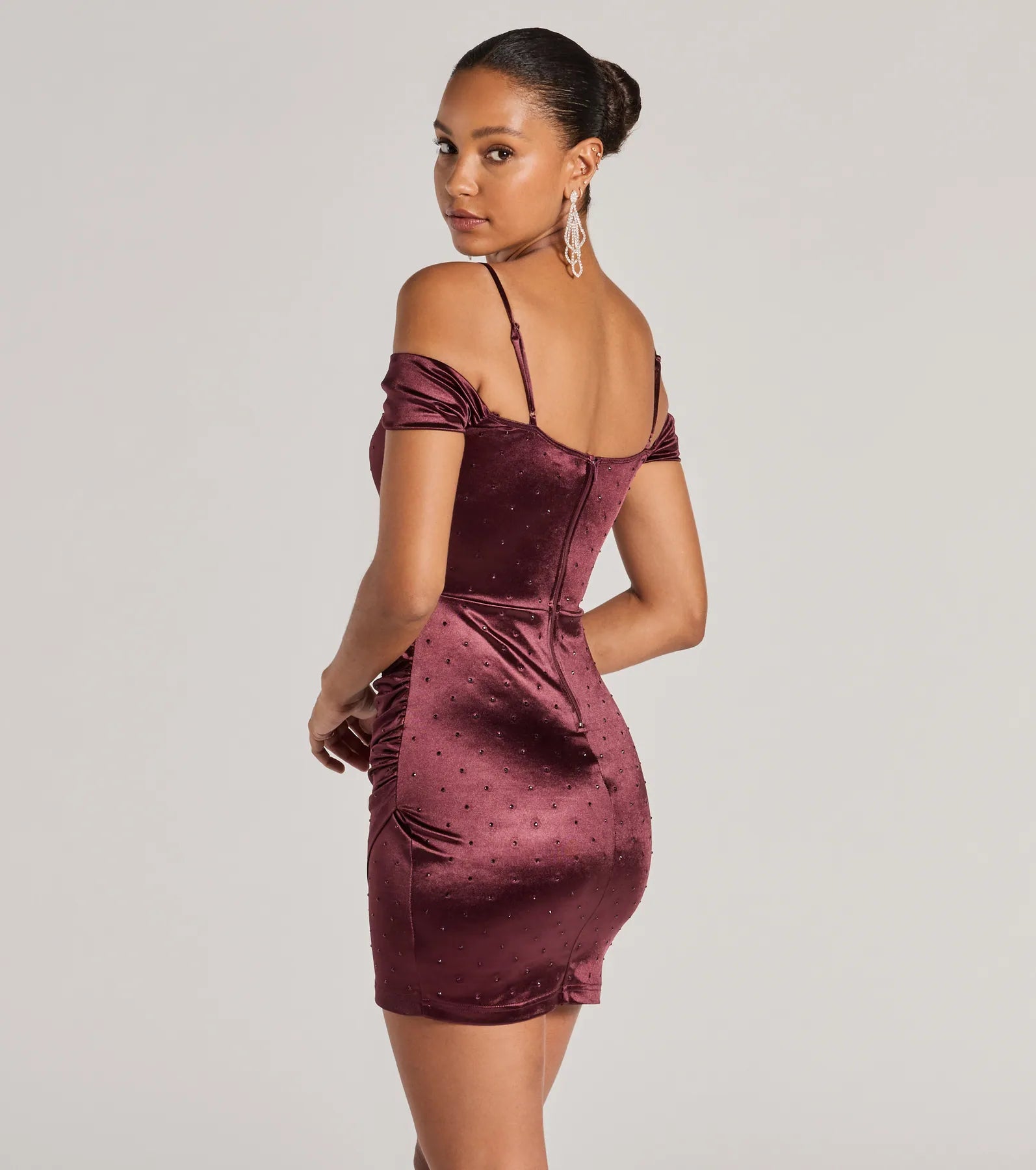 Luxe Cold-Shoulder Rhinestone Satin Mini Dress