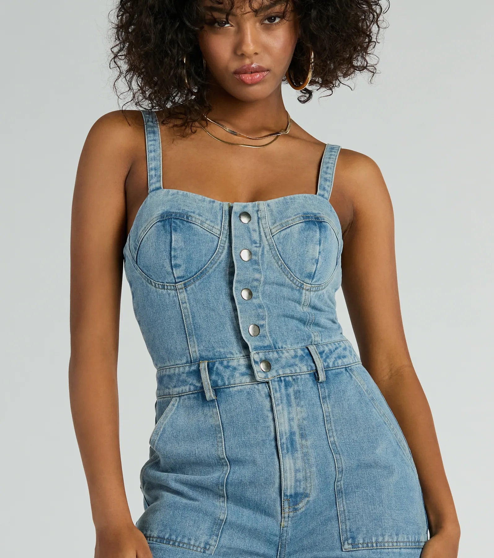 Trendy Perfection Button Up Wide Leg Denim Jumpsuit