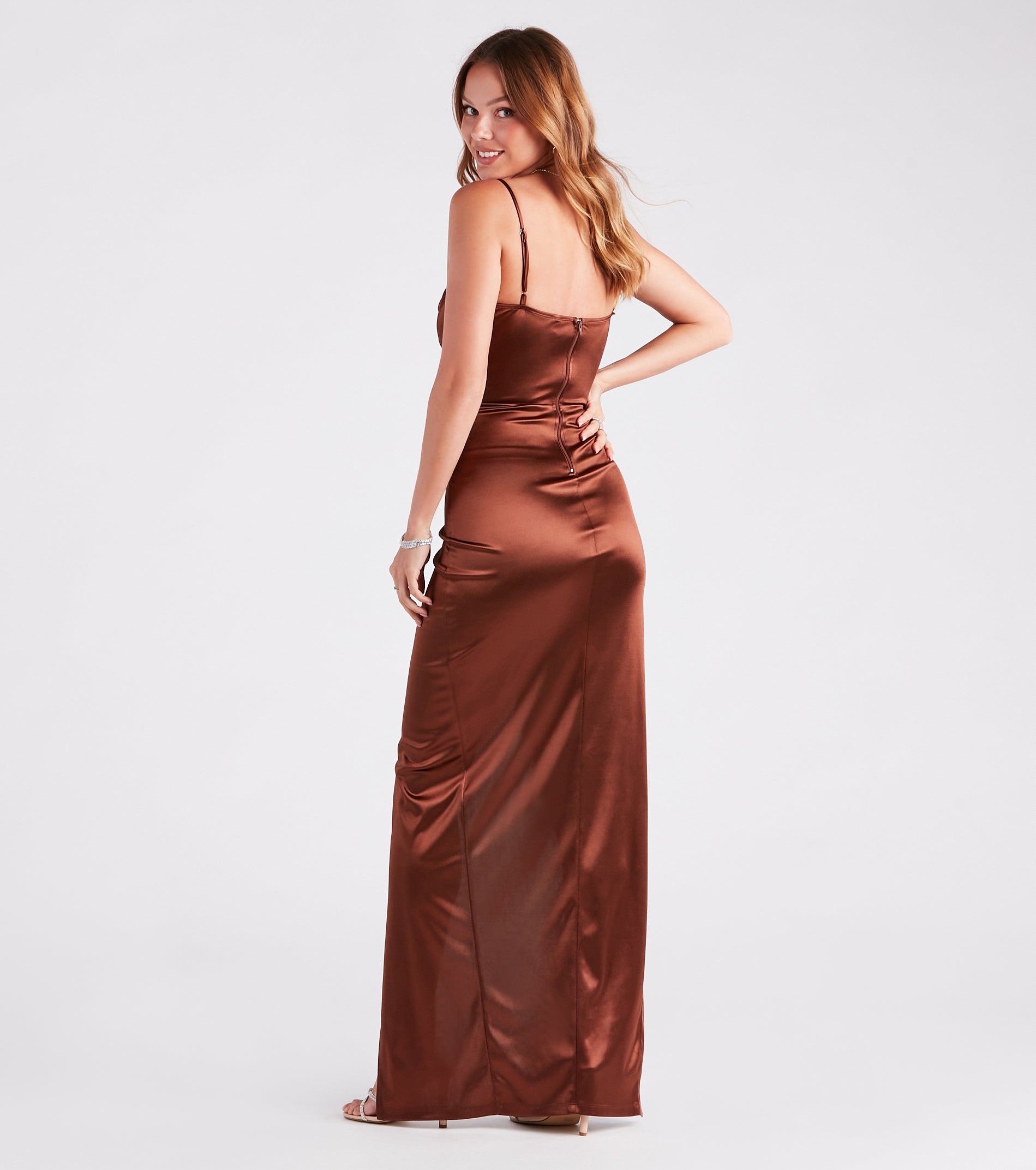 Julie Formal Satin Cowl Neck Wrap Dress