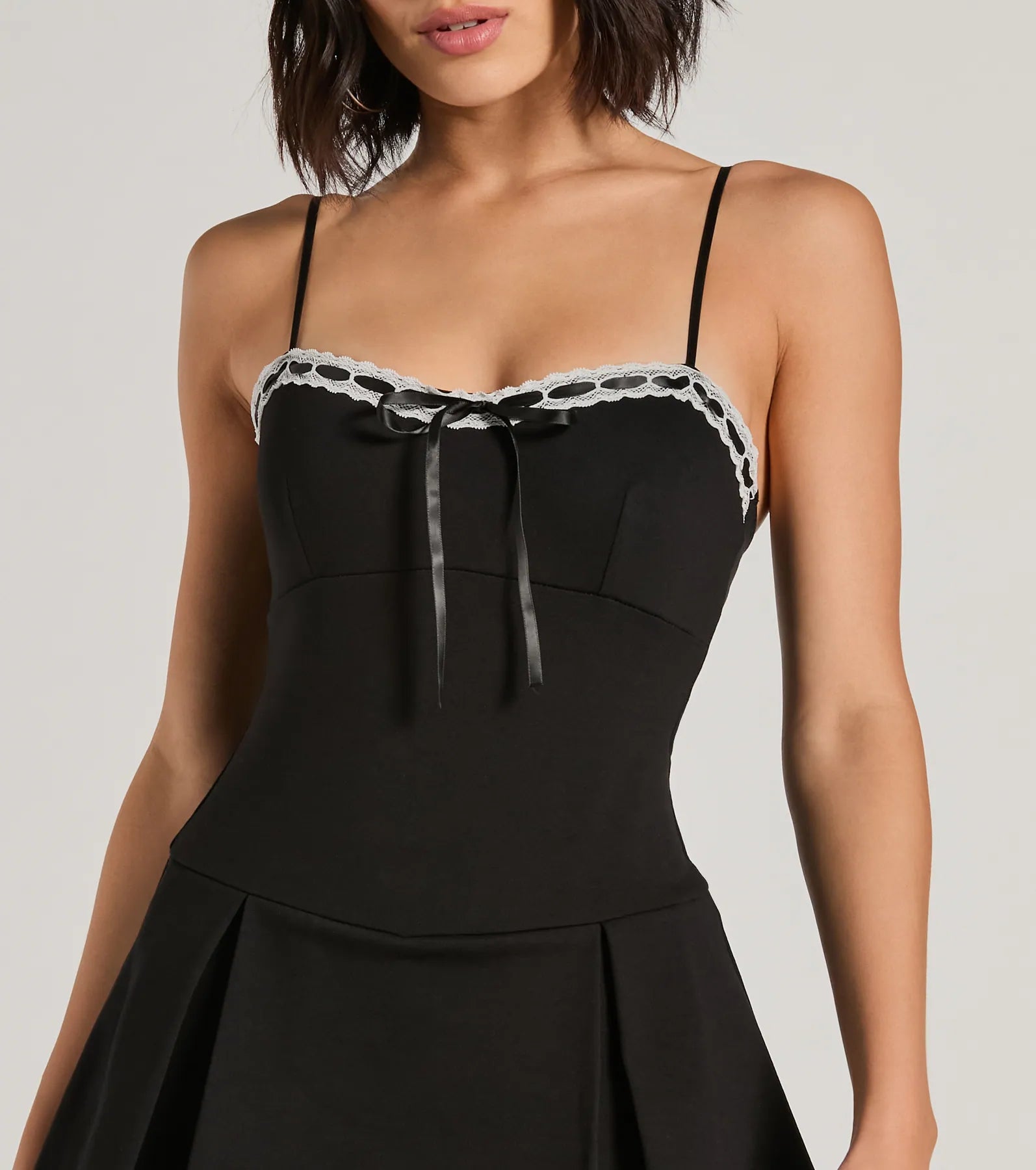 Classy Yet Sassy Lace Trim Pleat Ponte Skater Romper