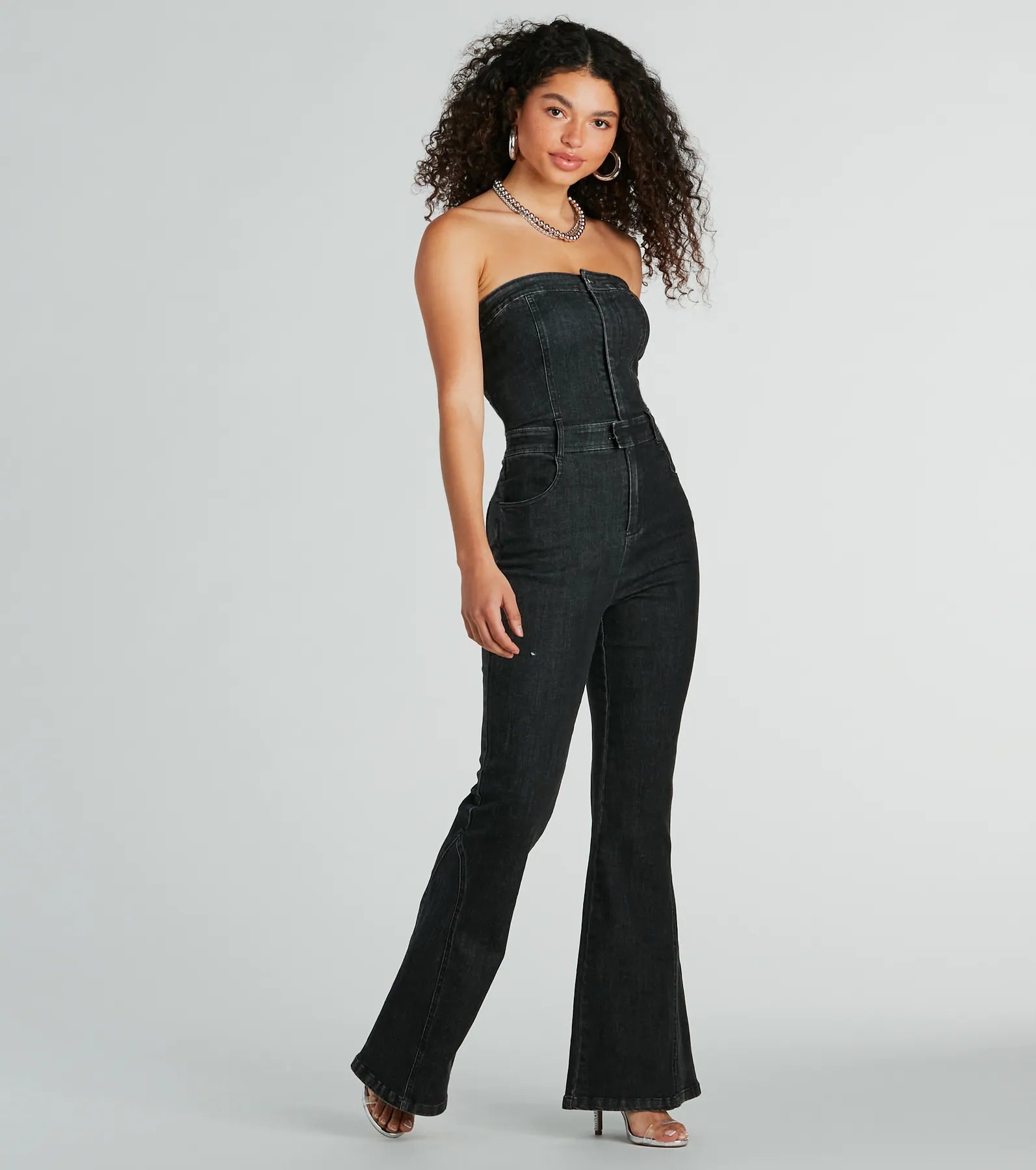 Flirty Retro Strapless Flare Denim Jumpsuit