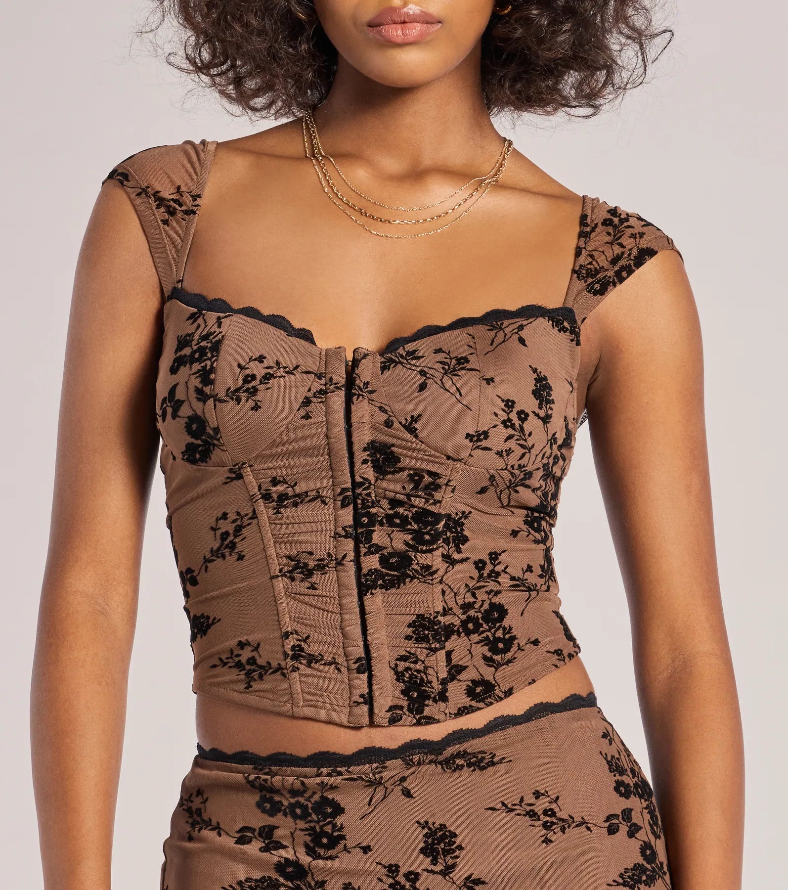 Romantic Aura Flocked Floral Mesh Bustier Top