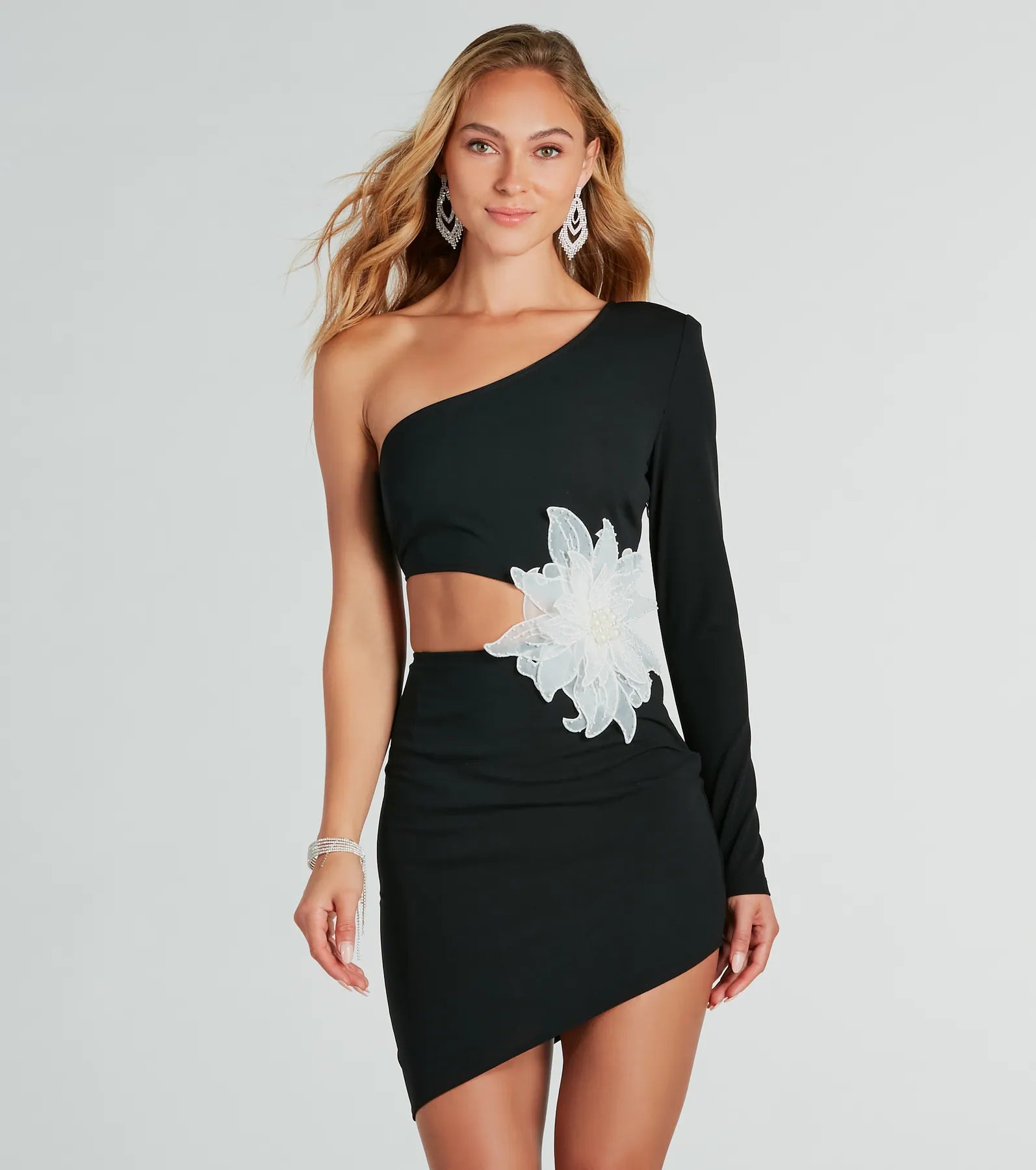 Naya One Shoulder Flower Applique Mini Dress