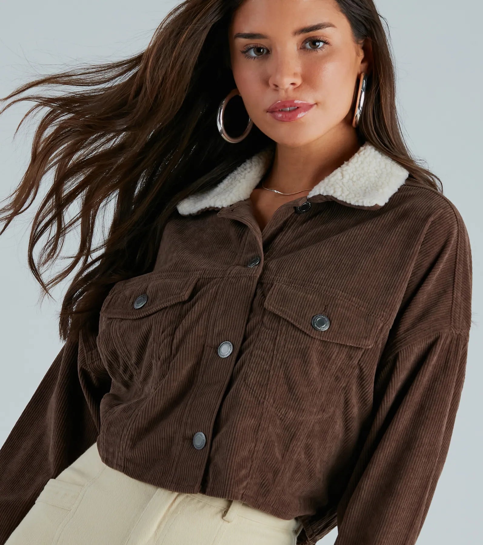 My Lane Corduroy Faux Sherpa Collar Crop Jacket