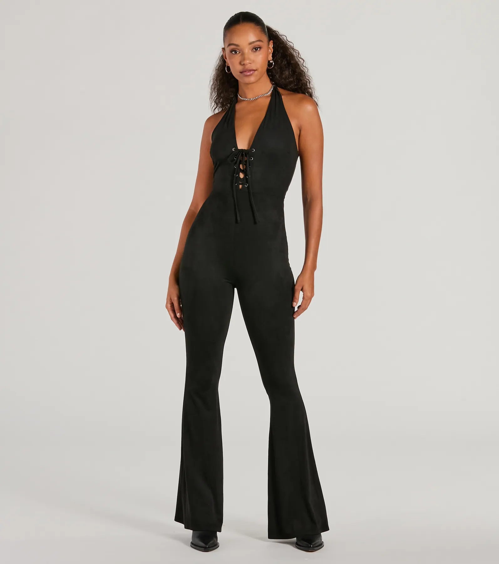 Eyes On Me Lace-Up Flare Faux Suede Jumpsuit