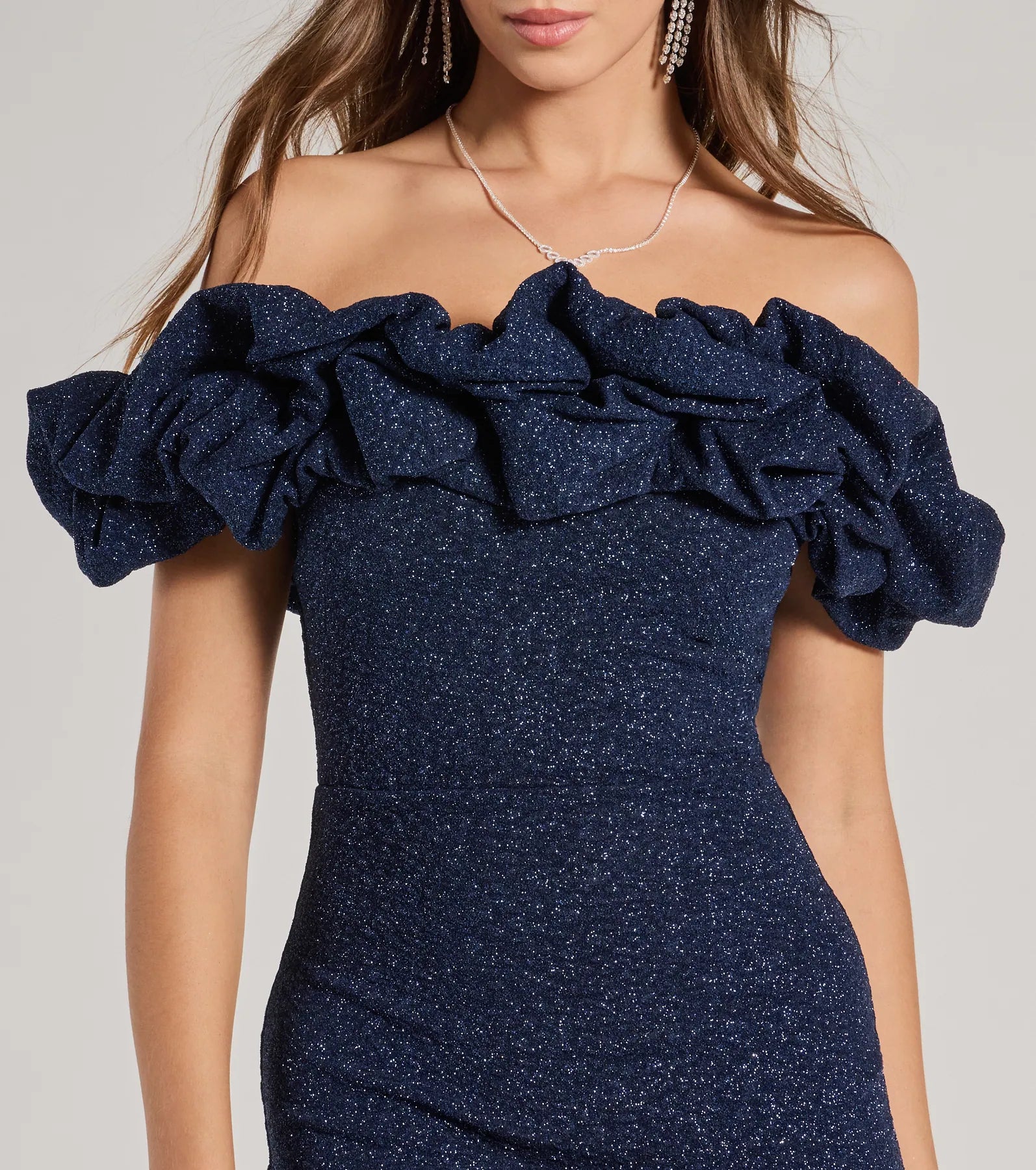 Ember Off-The-Shoulder Ruffle Glitter Party Dress