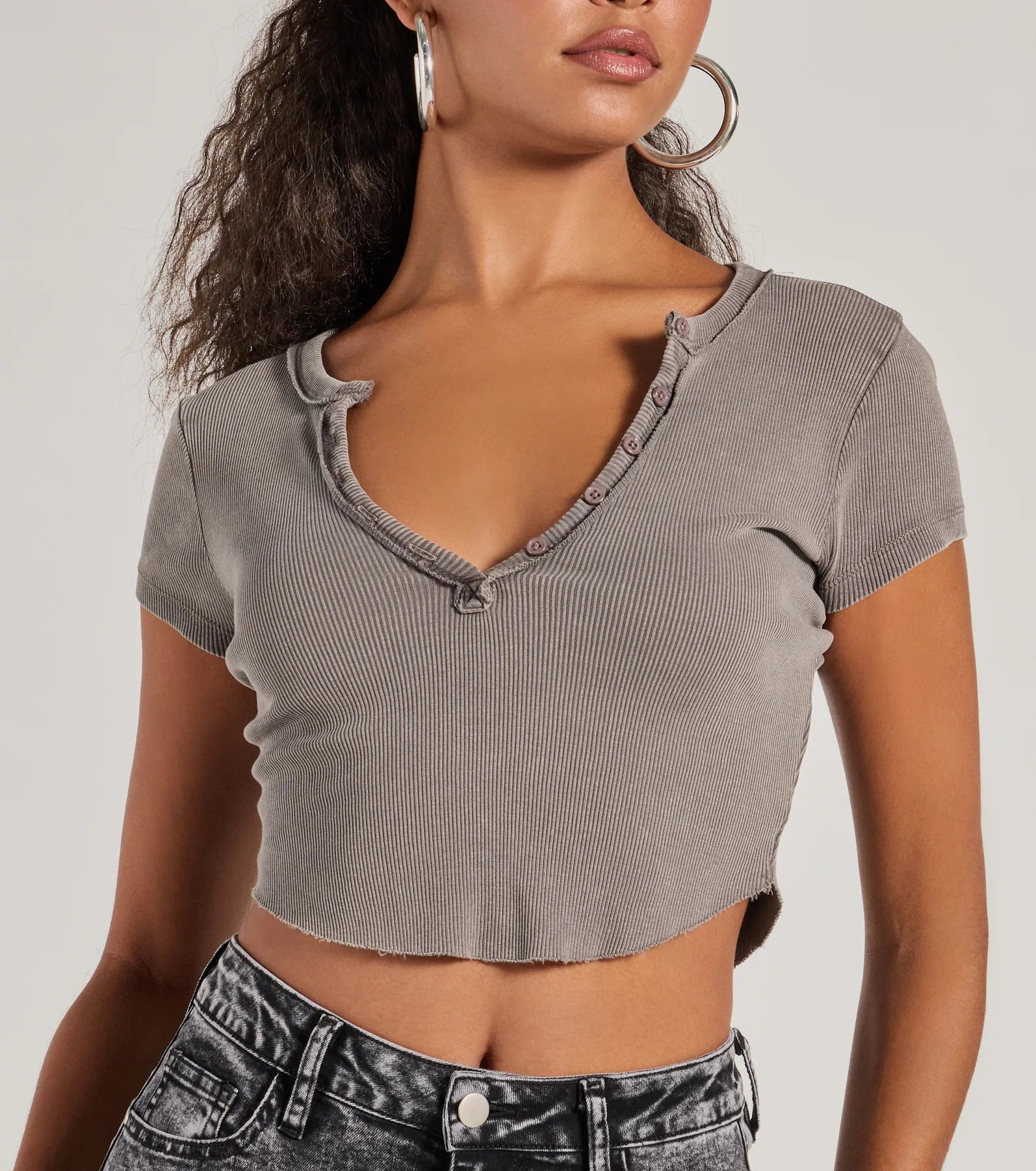 Girl Next Door Ribbed Knit Henley Crop Top