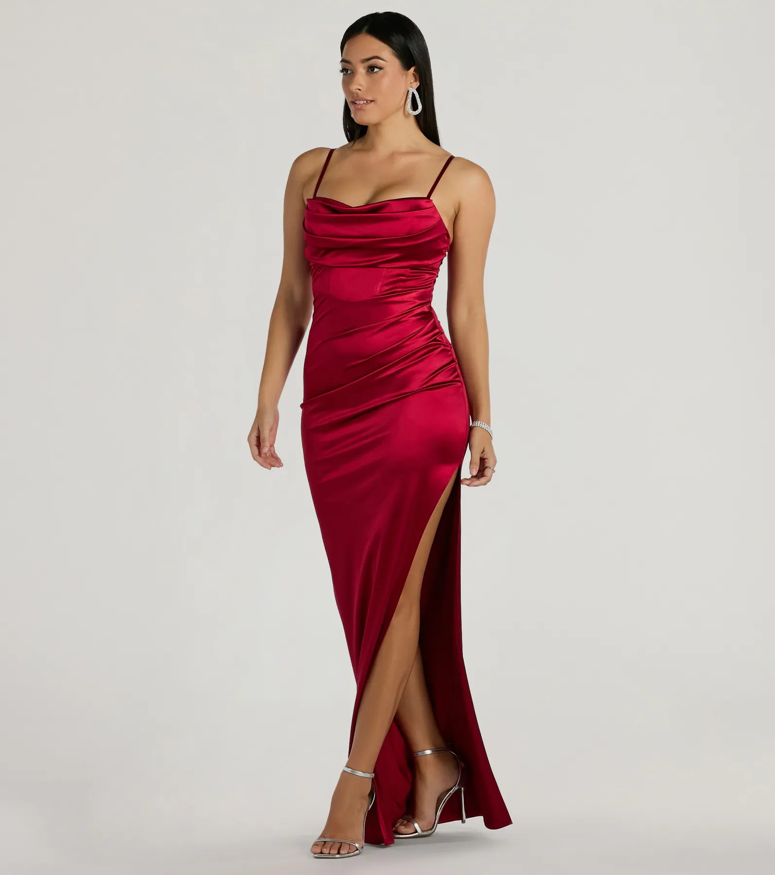 Iliana Cowl Neck High Slit Satin Formal Dress