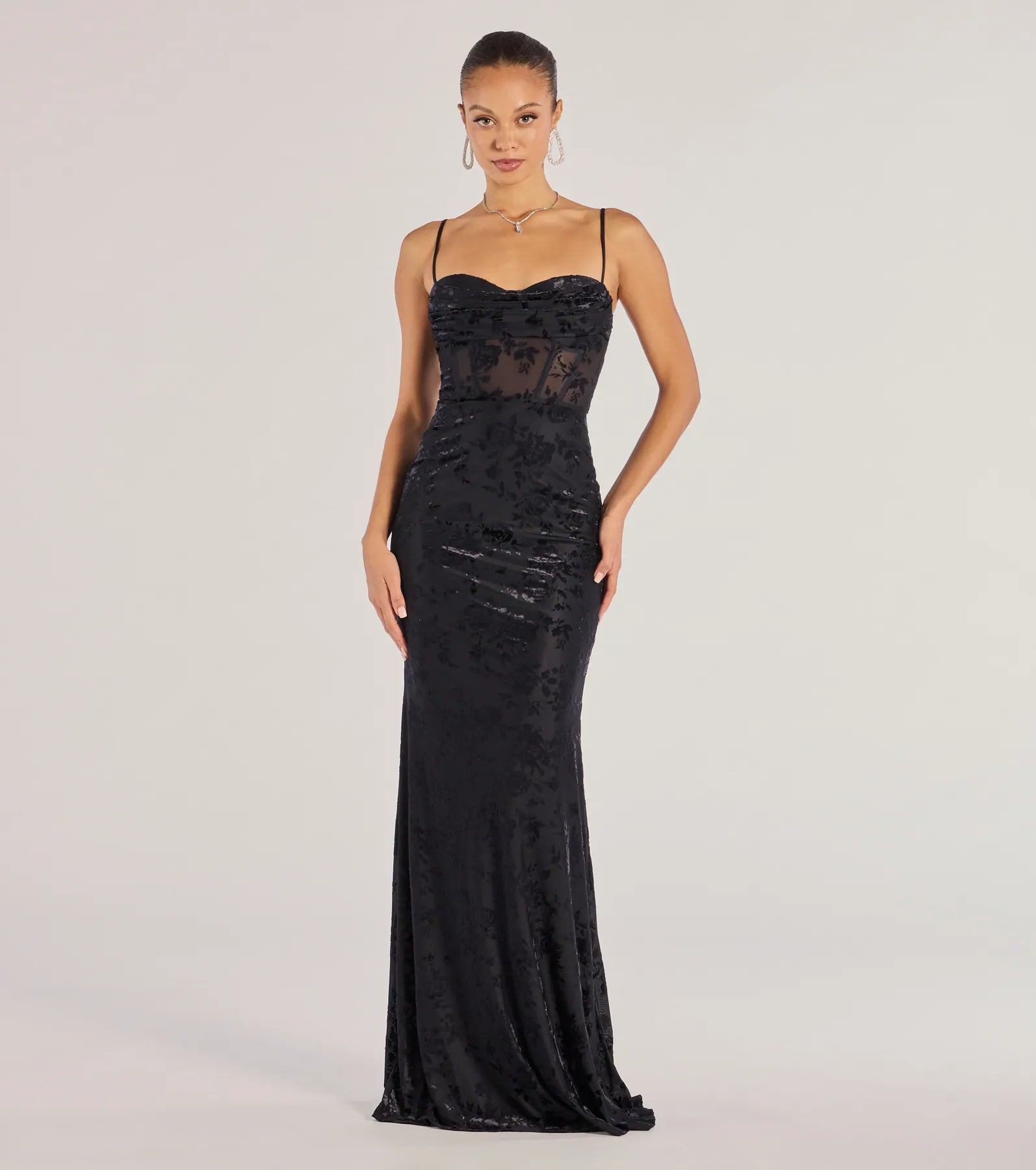 Alessandra Sleeveless Flocked Velvet Mermaid Dress