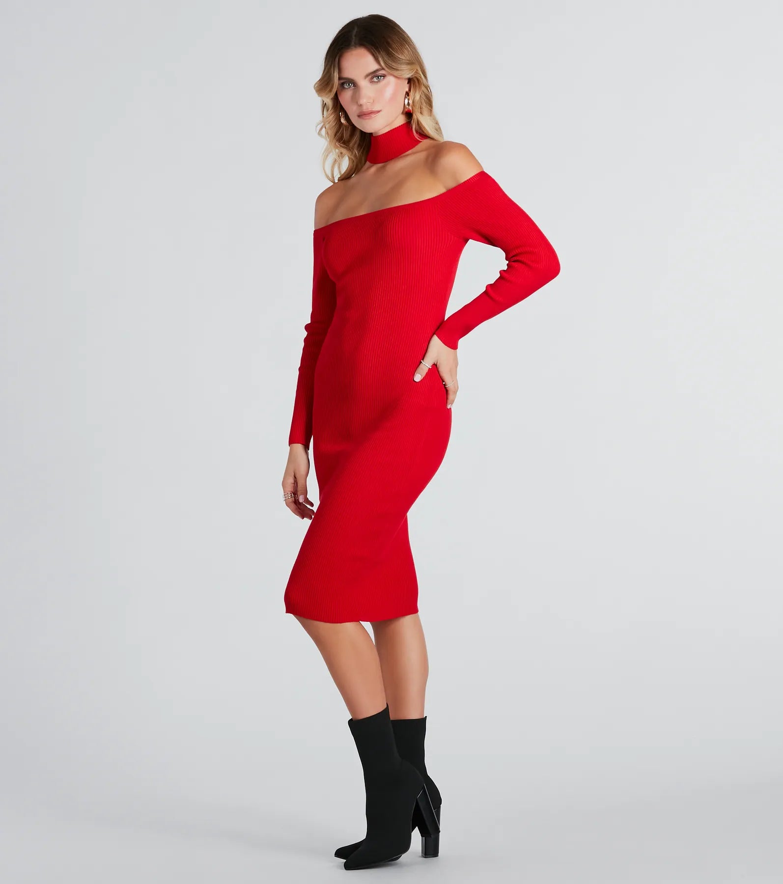 Highly Selective Choker Neck Sweater Midi Dress