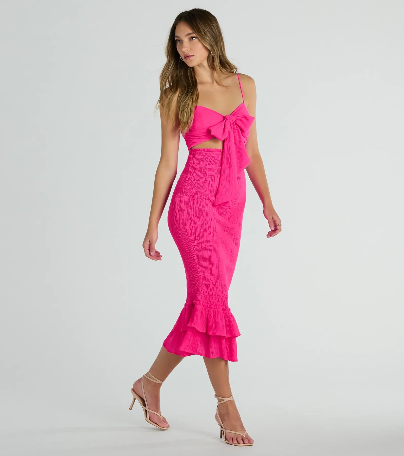 Bold Babe Cutout Ruffle Hem Chiffon Midi Dress