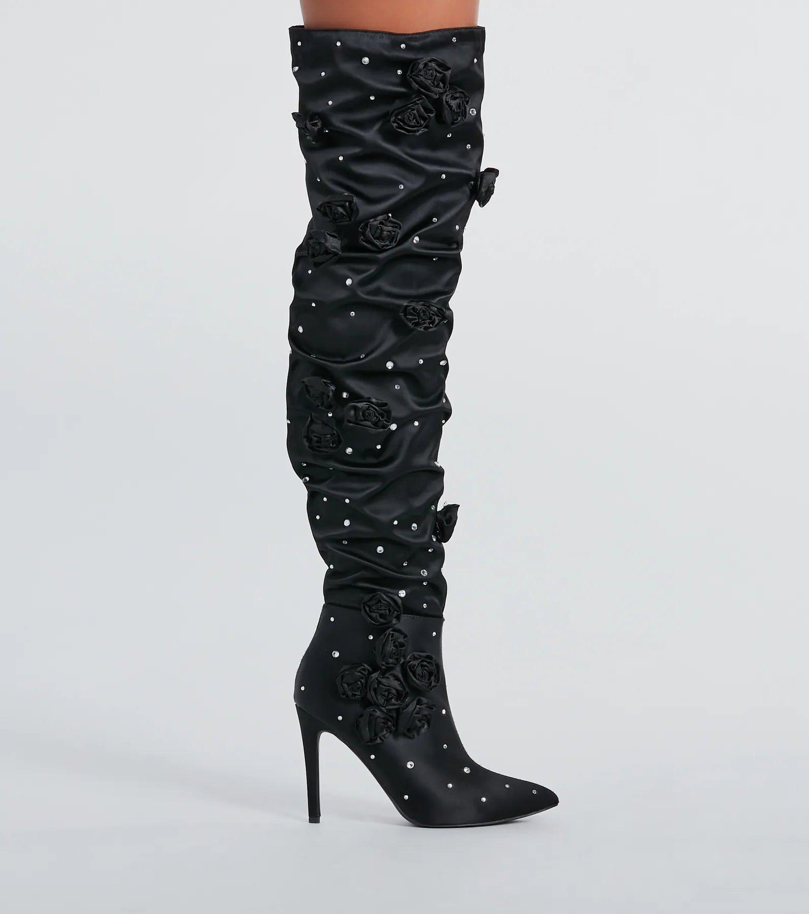 Dramatic Blooms Rosette Rhinestone Thigh-High Boots