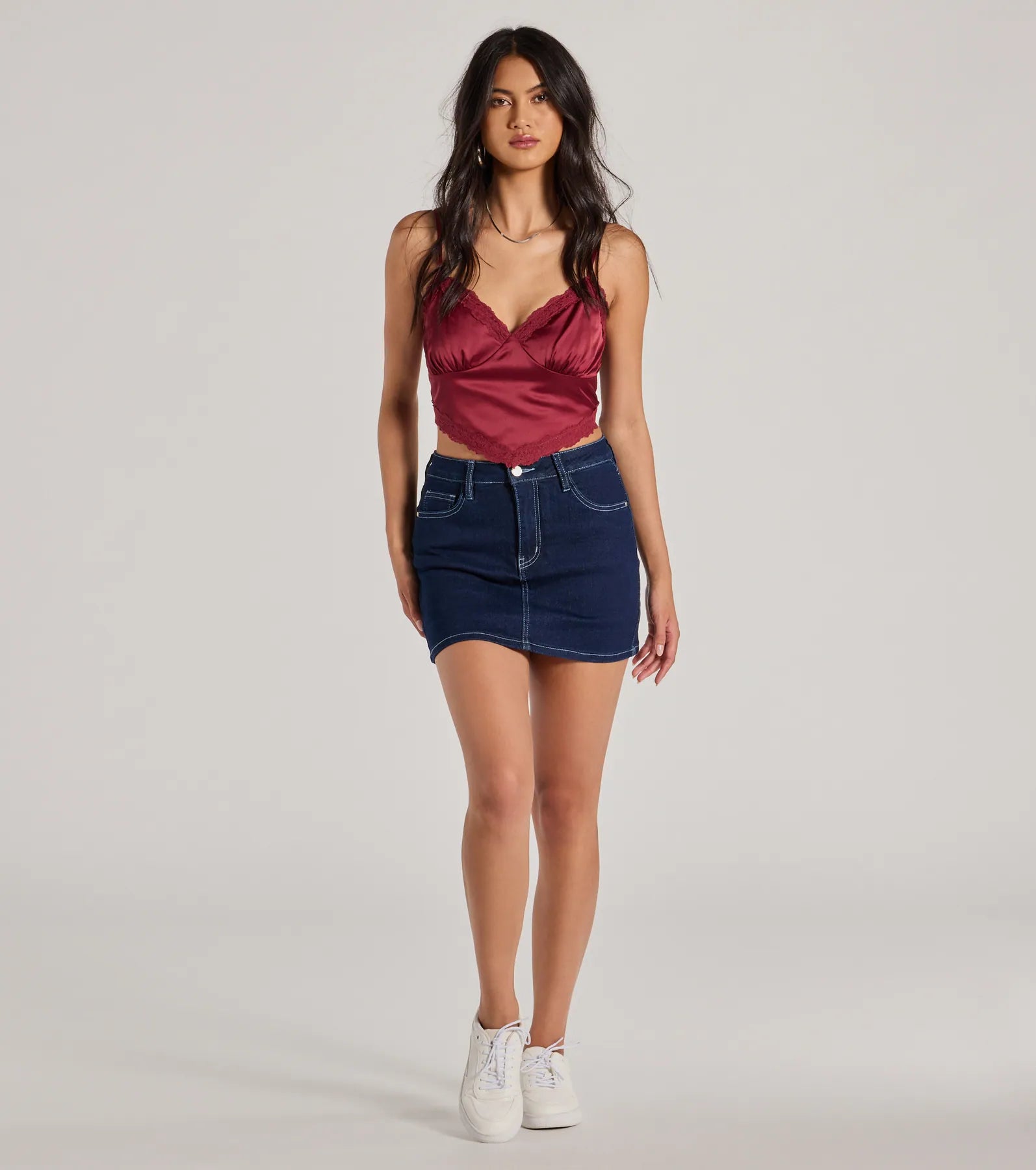 Romance In The Air Lace Trim Satin Cami Crop Top