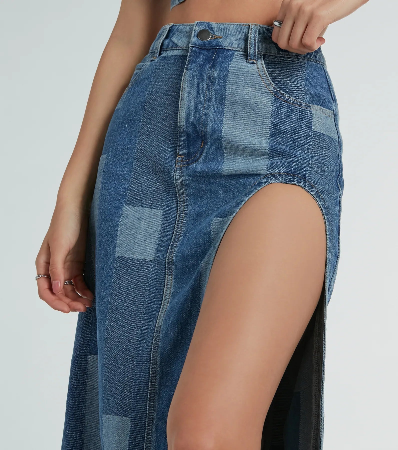 Retro Fab High Slit Patchwork Denim Maxi Skirt