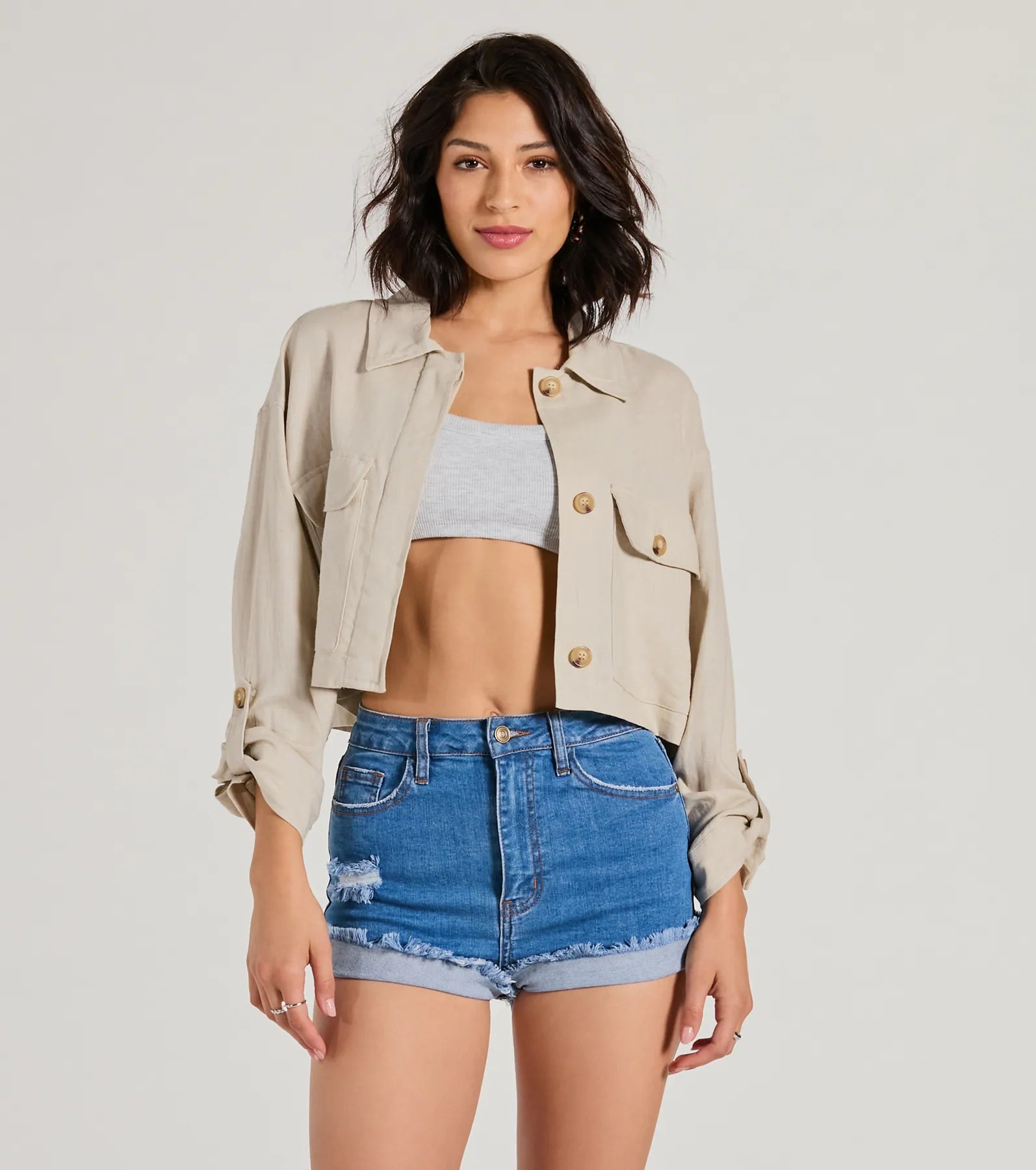 Effortless Personality Button Up Crop Linen Shacket