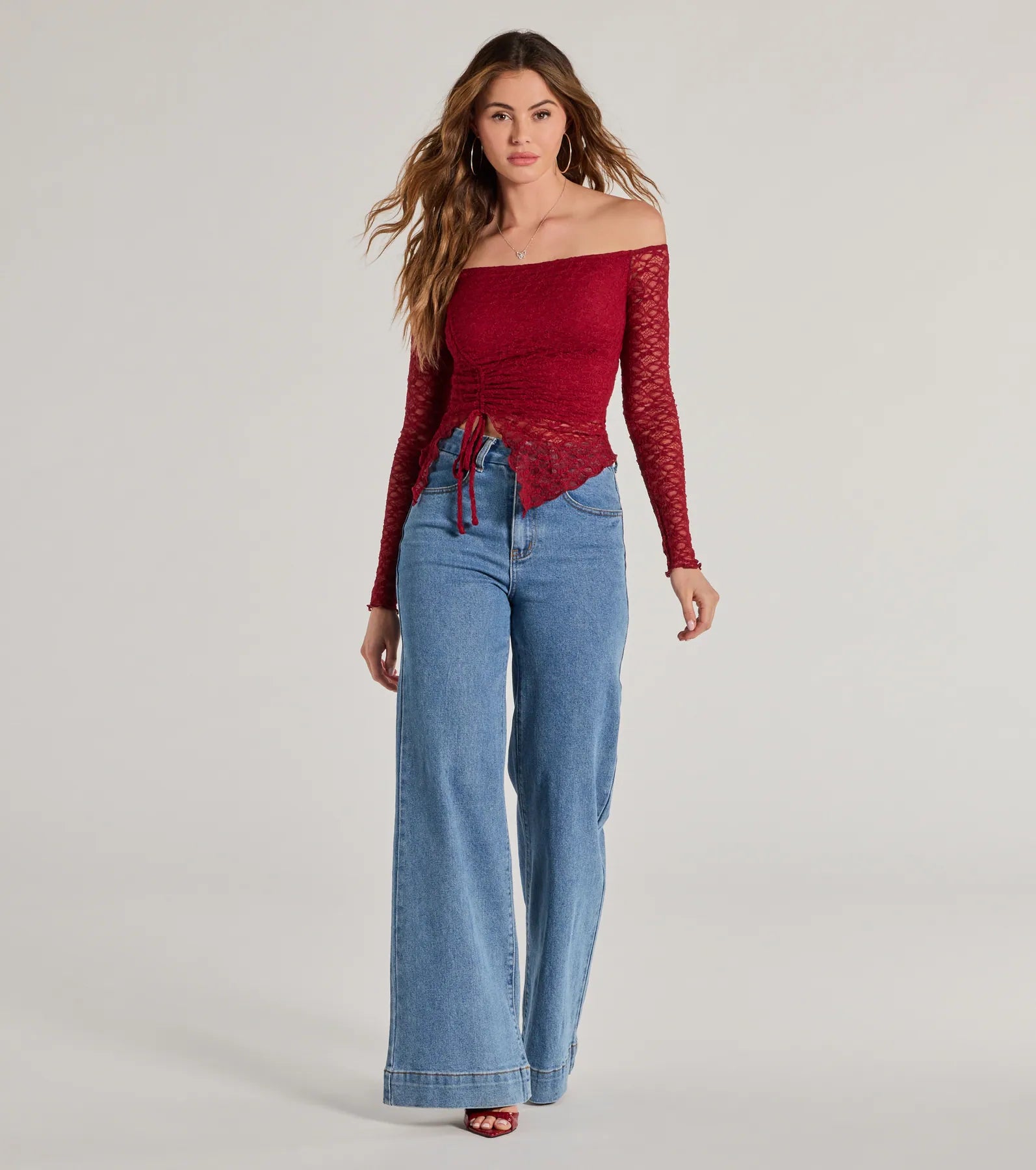 Trendy Babe Off-The-Shoulder Ruched Lace Top