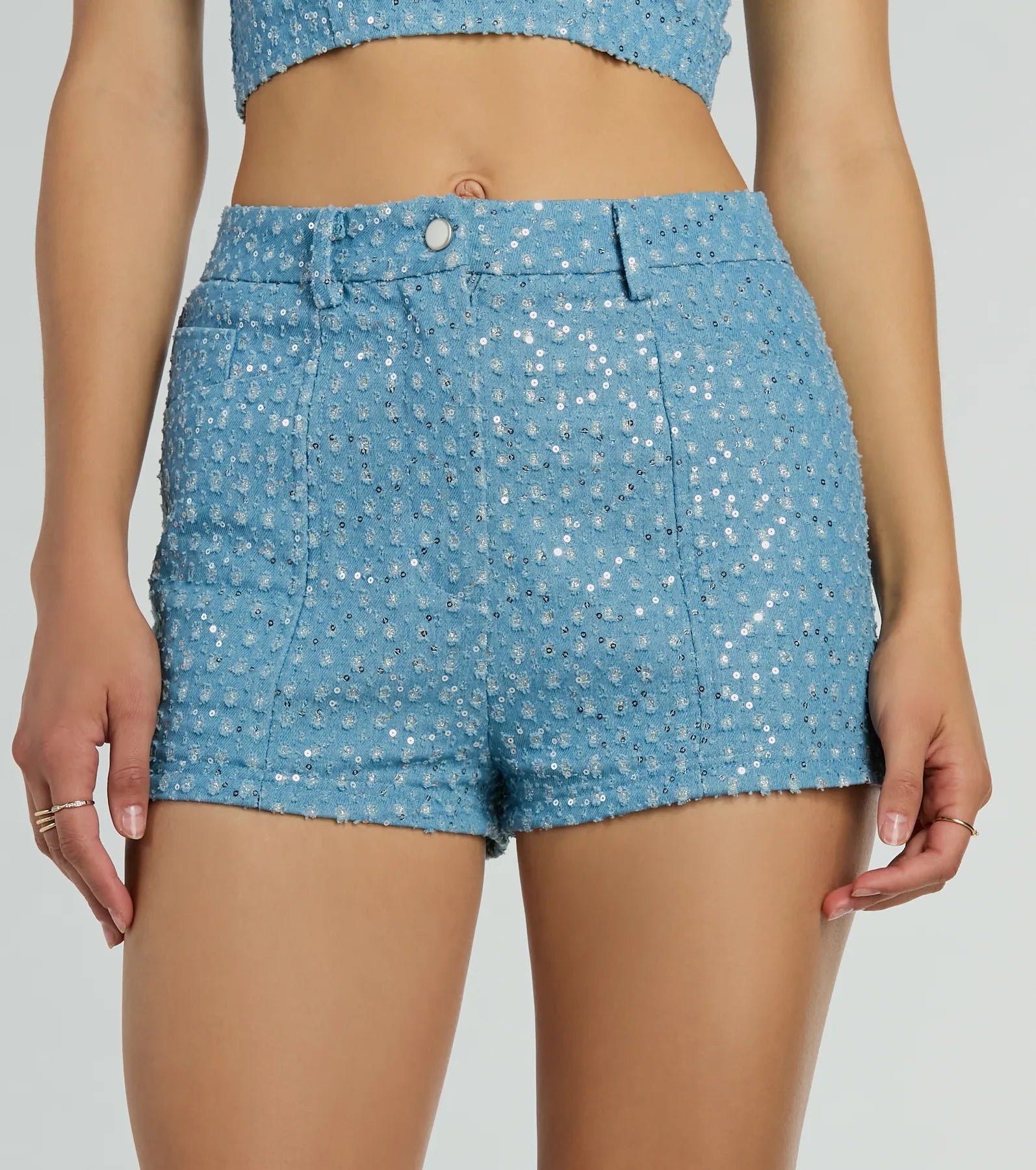 Feeling Flirty Sequin Glitter Denim Shorts