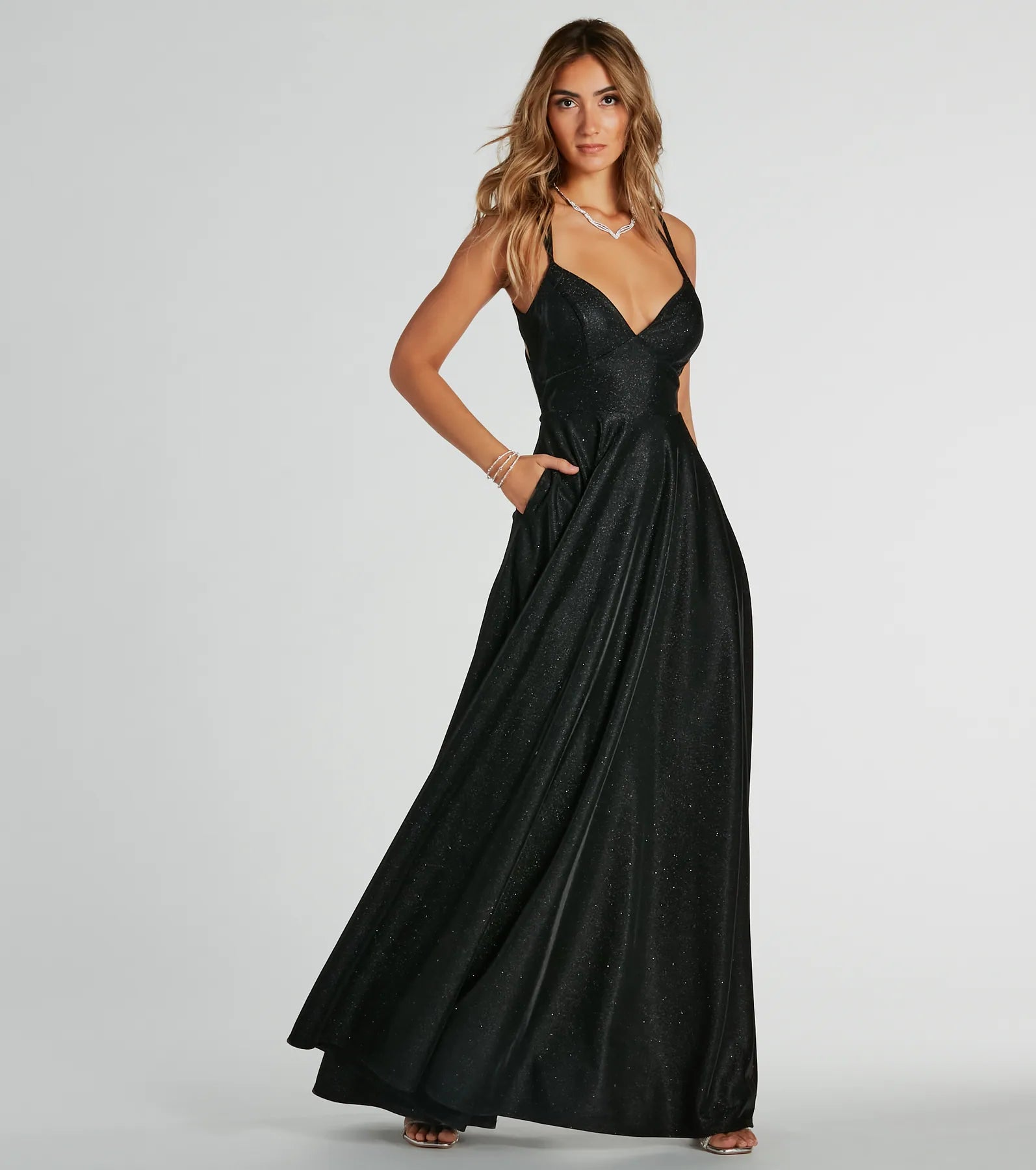 Sherry Caged Strappy A-Line Glitter Formal Dress