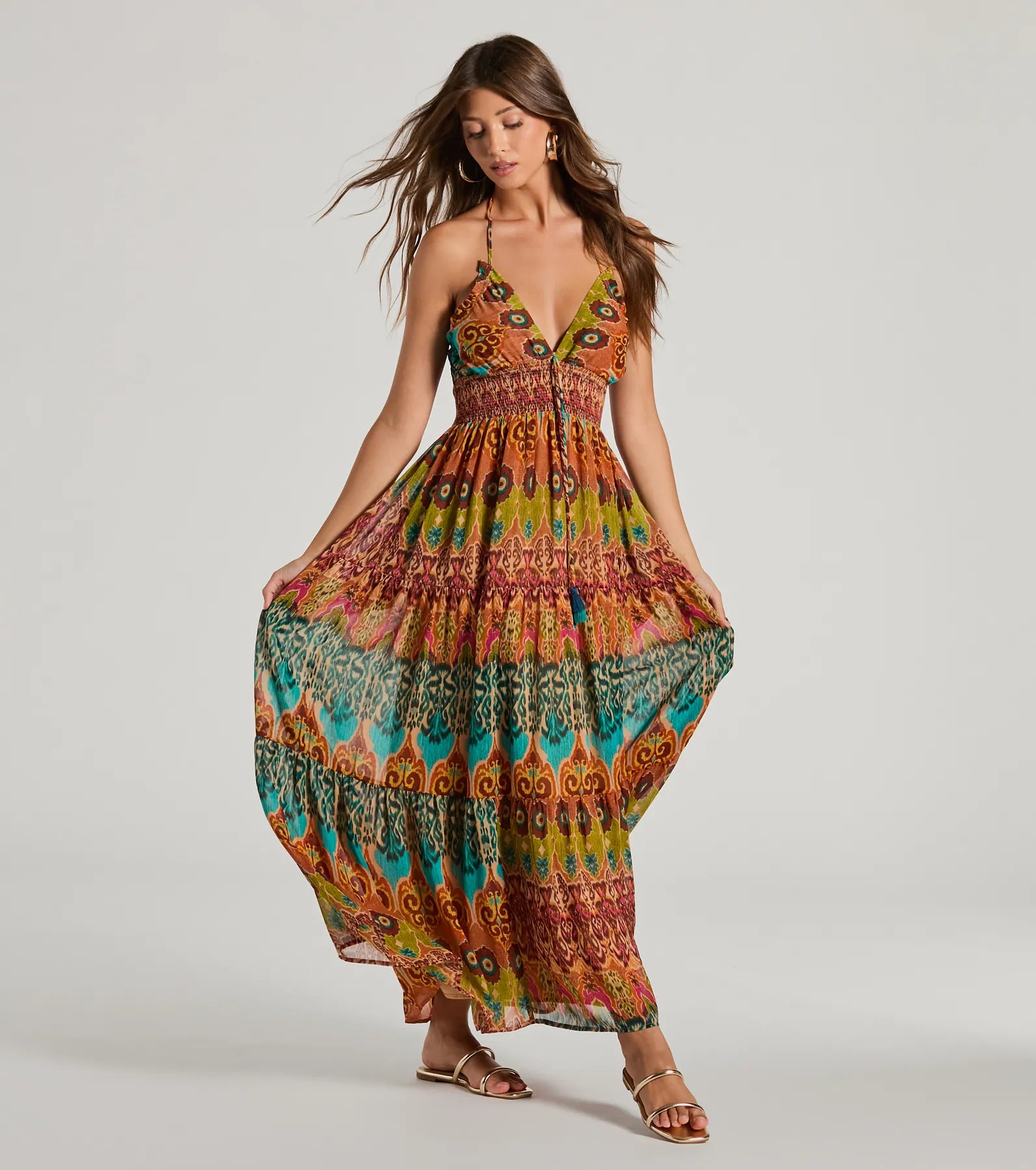 Summer Dreams Halter V-Neck Boho Chiffon Maxi Dress